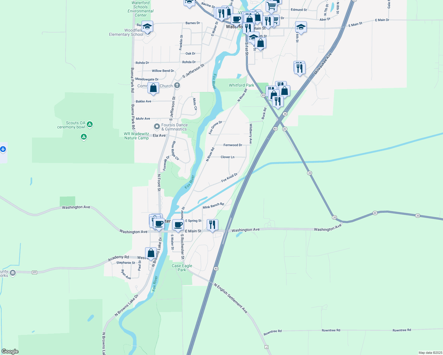 map of restaurants, bars, coffee shops, grocery stores, and more near 602 Fox Knoll Dr in Waterford