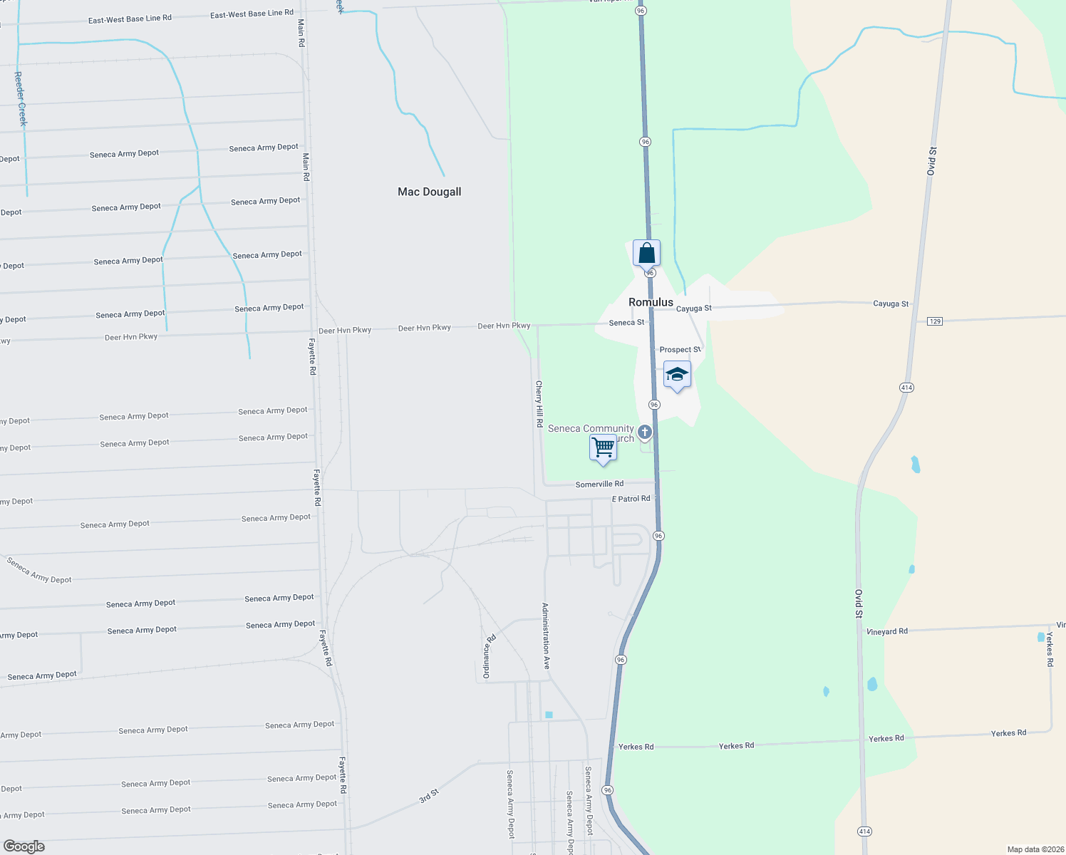 map of restaurants, bars, coffee shops, grocery stores, and more near East Patrol Road in Romulus