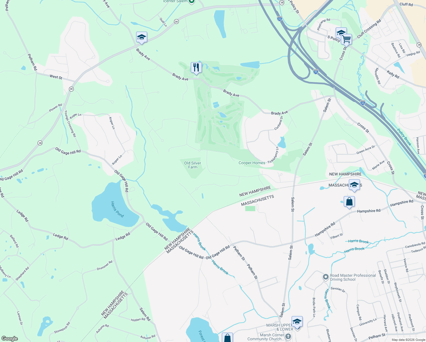 map of restaurants, bars, coffee shops, grocery stores, and more near 48 Silver Brook Road in Salem