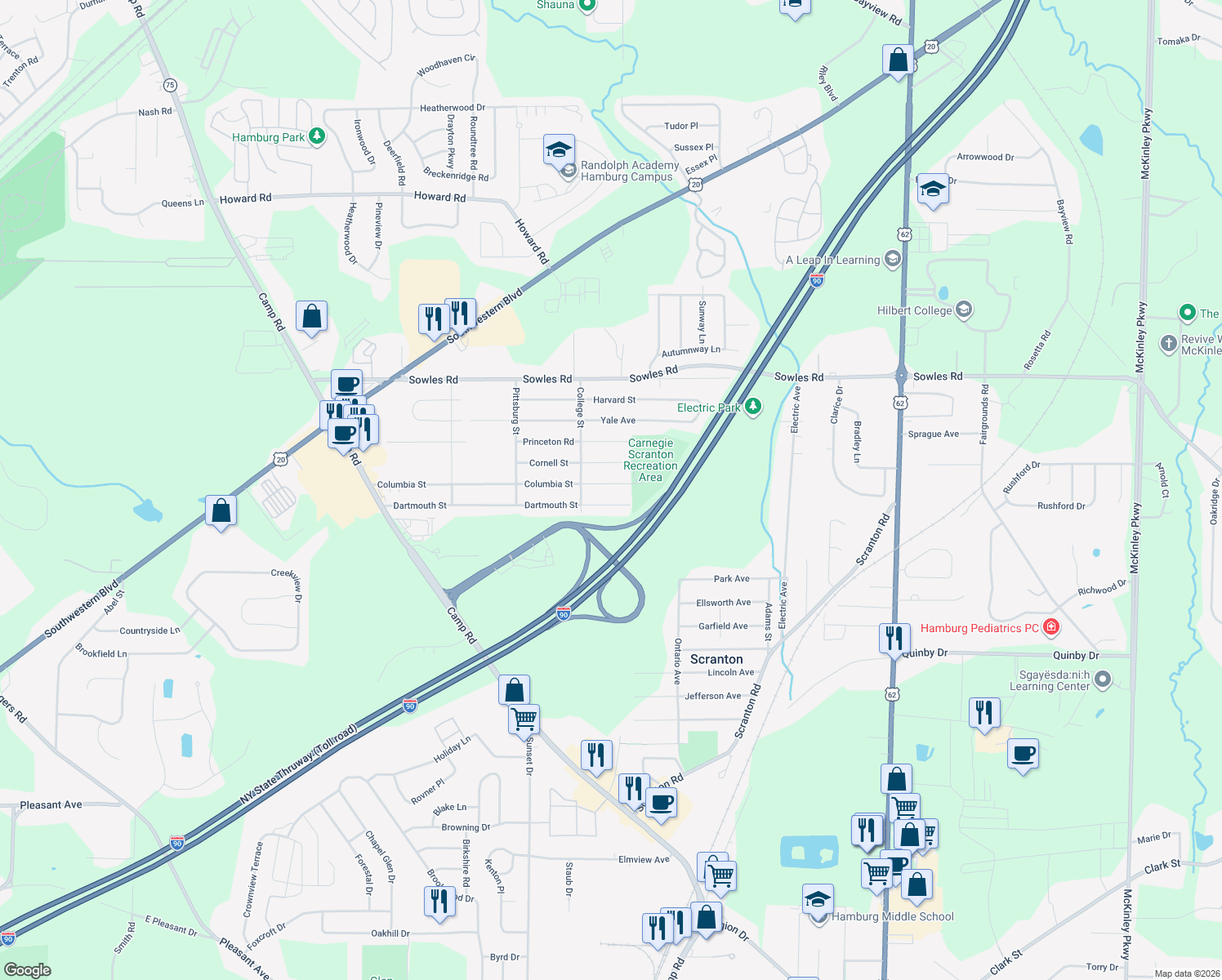 map of restaurants, bars, coffee shops, grocery stores, and more near 3873 Columbia St in Hamburg