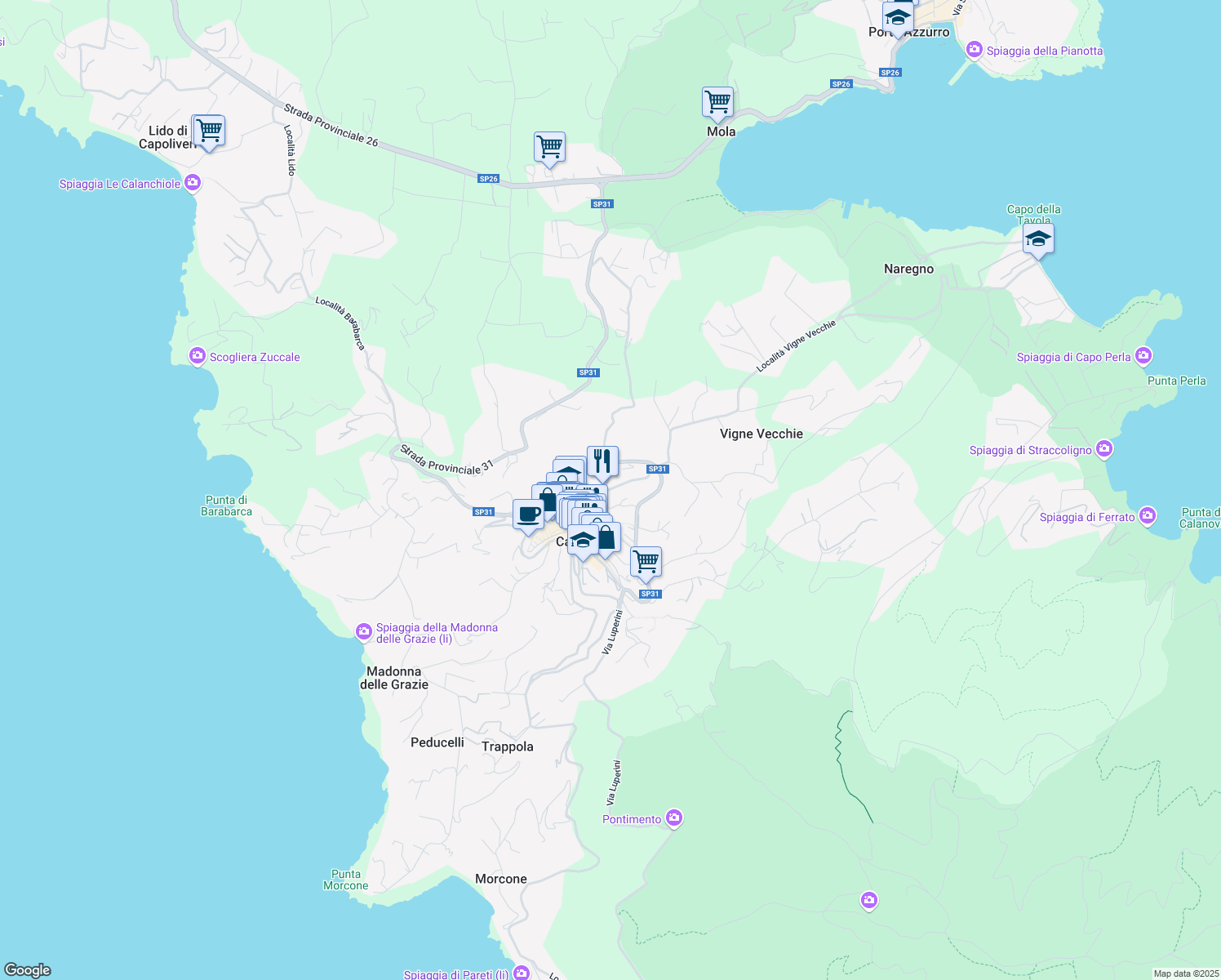 map of restaurants, bars, coffee shops, grocery stores, and more near 24 Via Sant'Antonio in Capoliveri