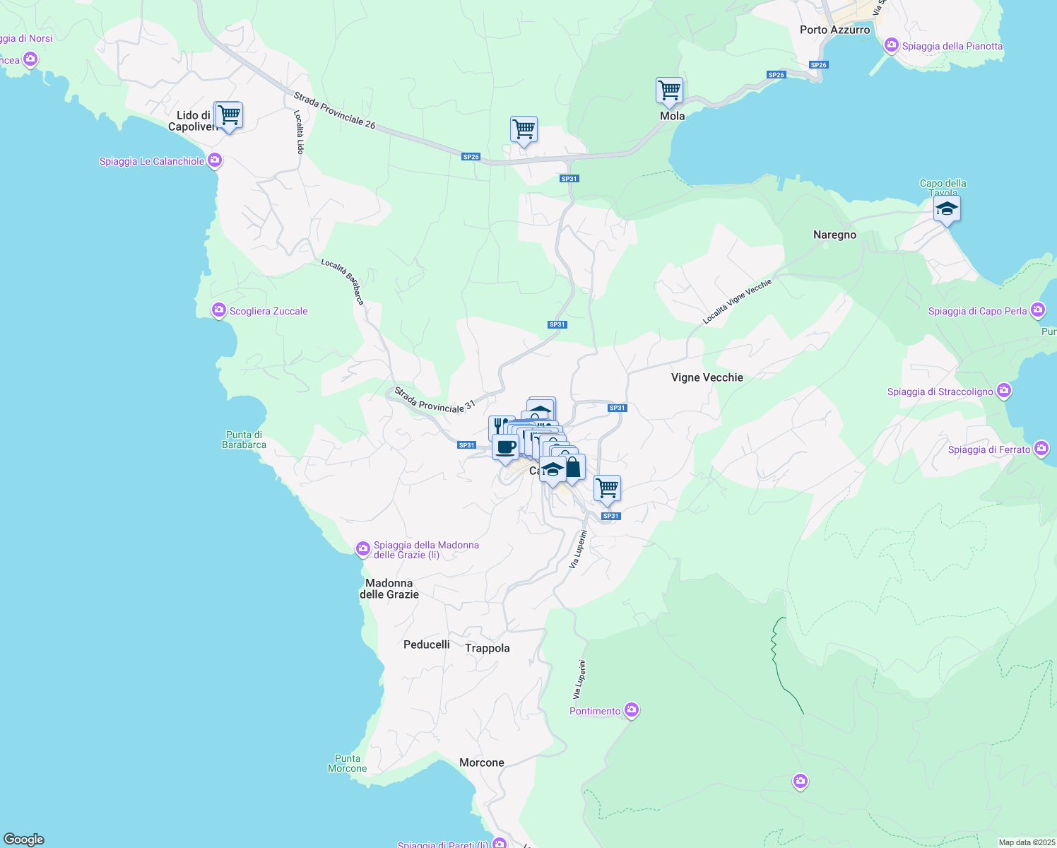 map of restaurants, bars, coffee shops, grocery stores, and more near 27 Via Vittorio Veneto in Capoliveri