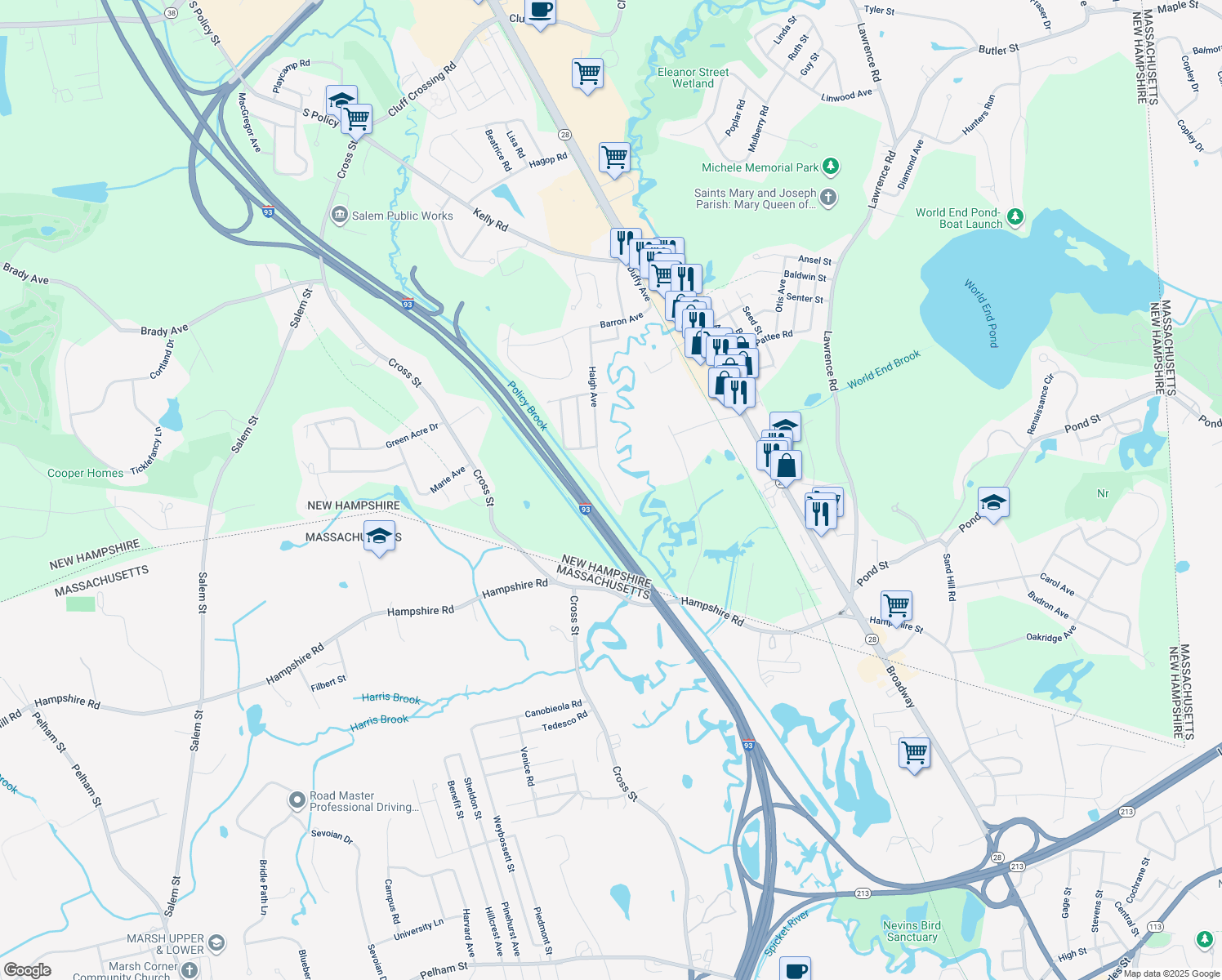 map of restaurants, bars, coffee shops, grocery stores, and more near 50 Haigh Avenue in Salem