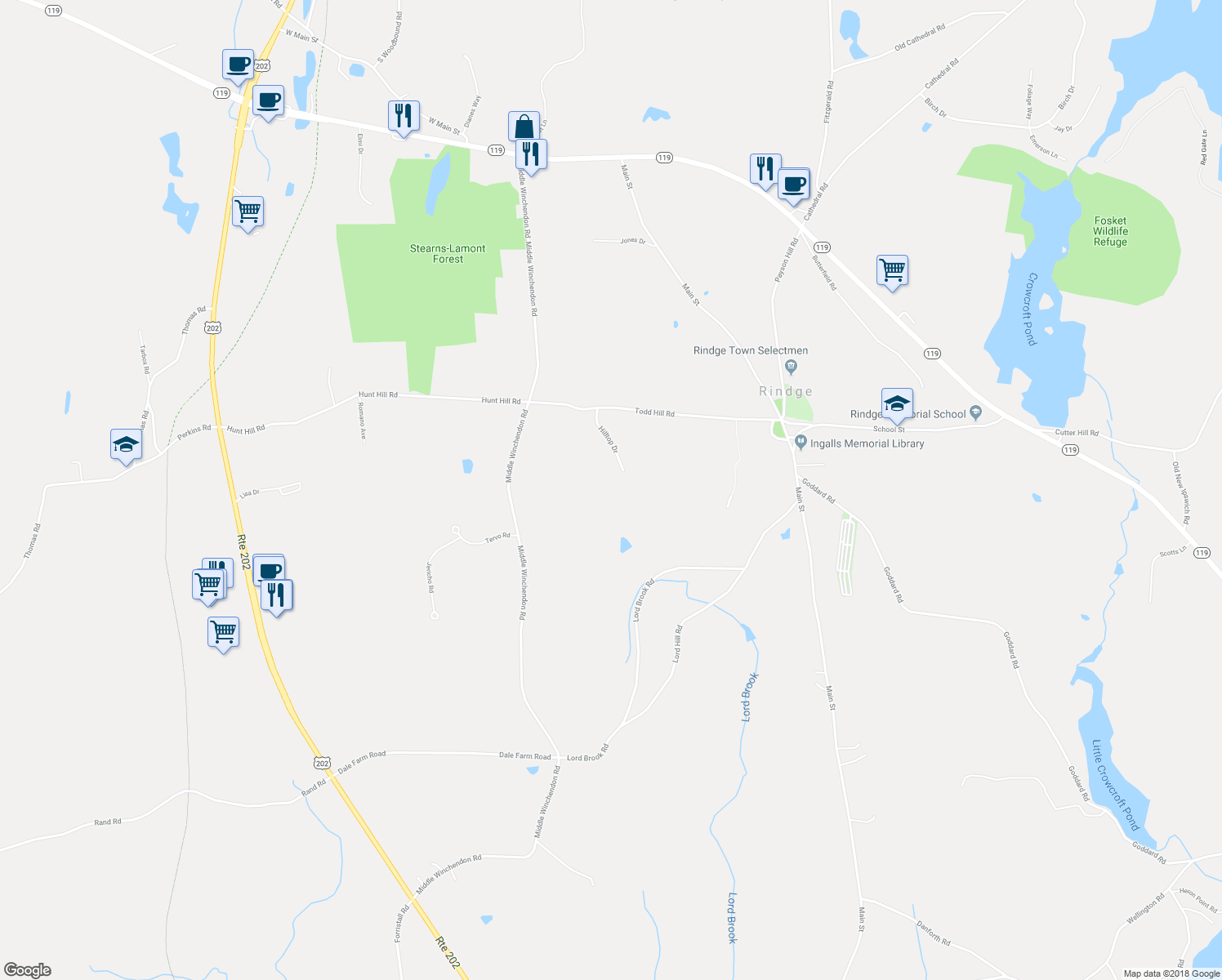 map of restaurants, bars, coffee shops, grocery stores, and more near 52 Hilltop Drive in Rindge