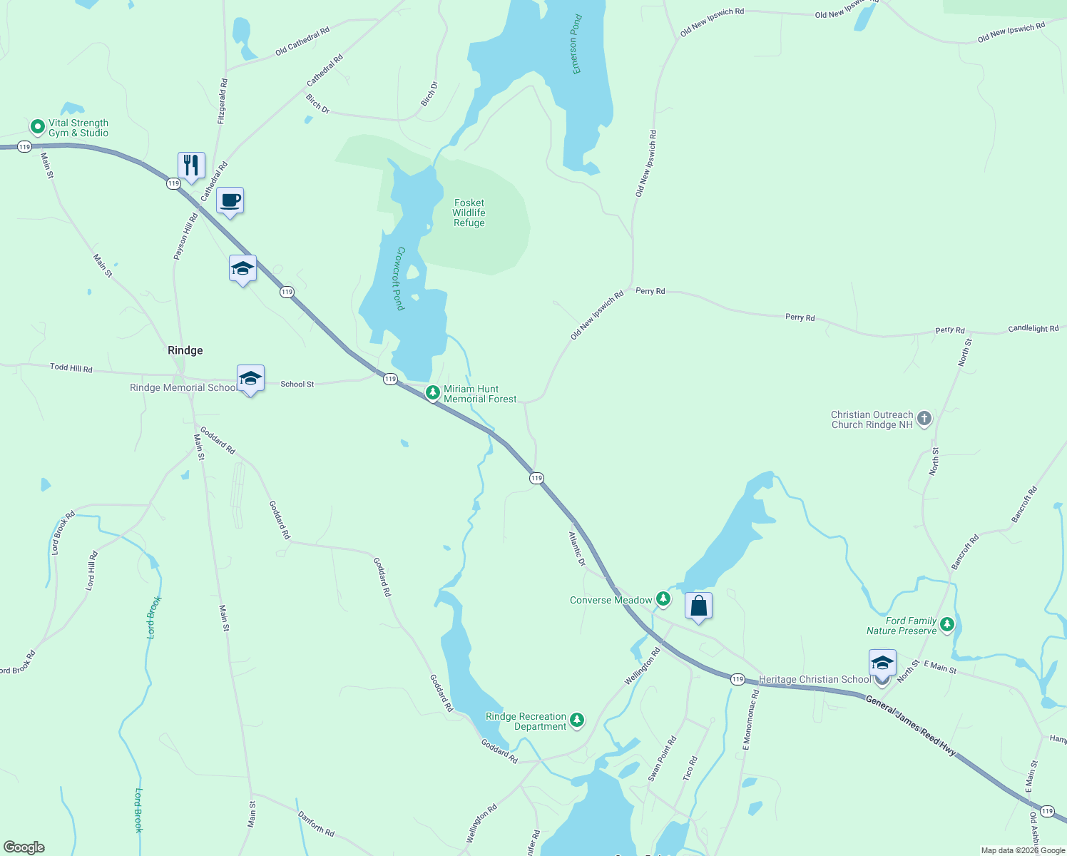 map of restaurants, bars, coffee shops, grocery stores, and more near 34 Old New Ipswich Road in Rindge