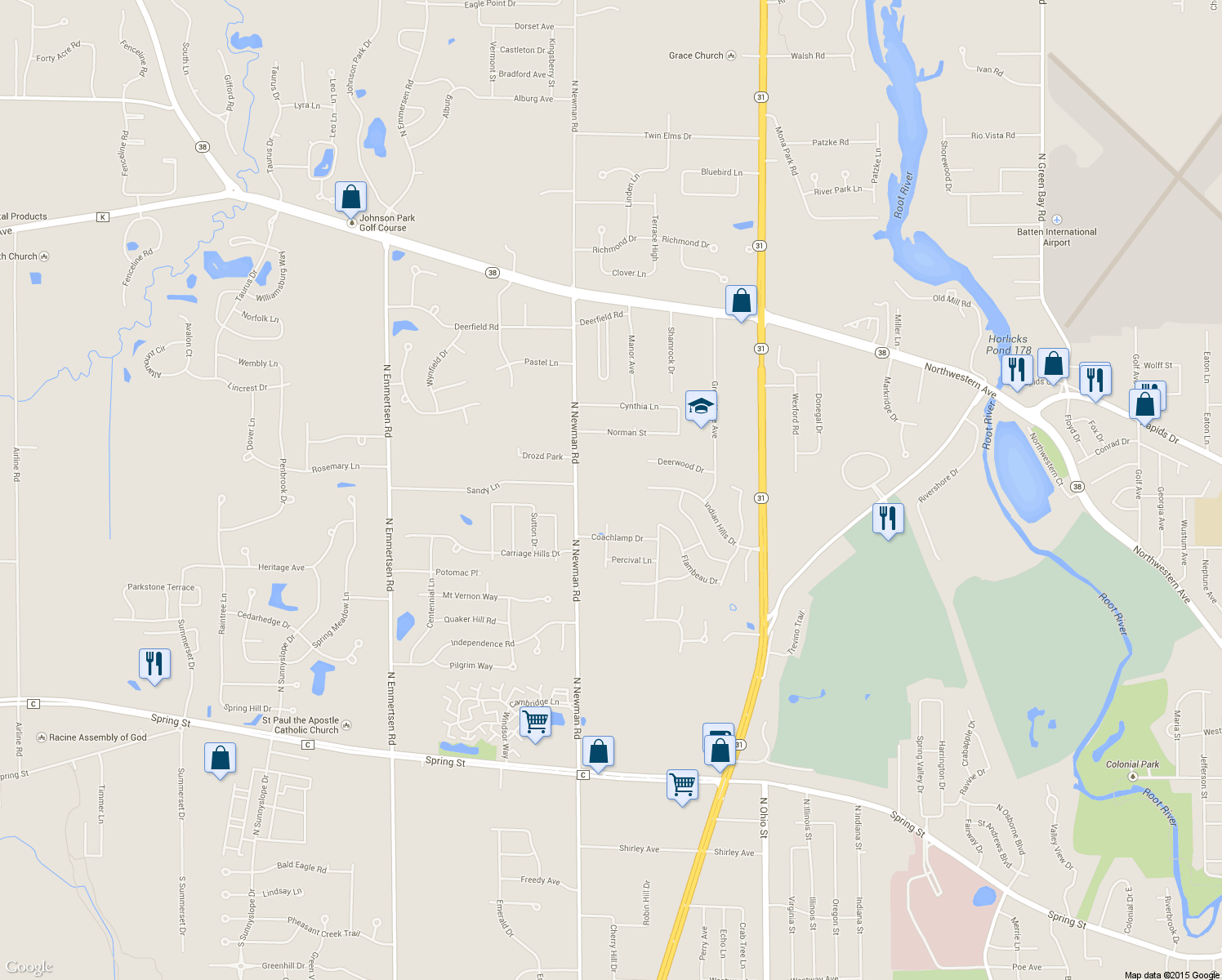map of restaurants, bars, coffee shops, grocery stores, and more near 2235 North Newman Road in Mount Pleasant