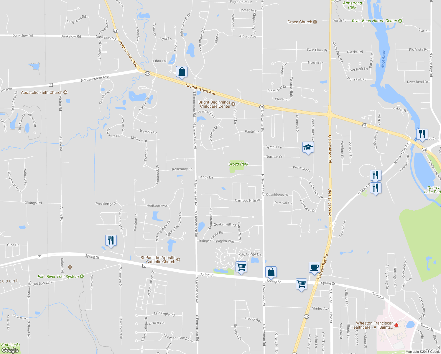 map of restaurants, bars, coffee shops, grocery stores, and more near 5908 Sandy Lane in Mount Pleasant