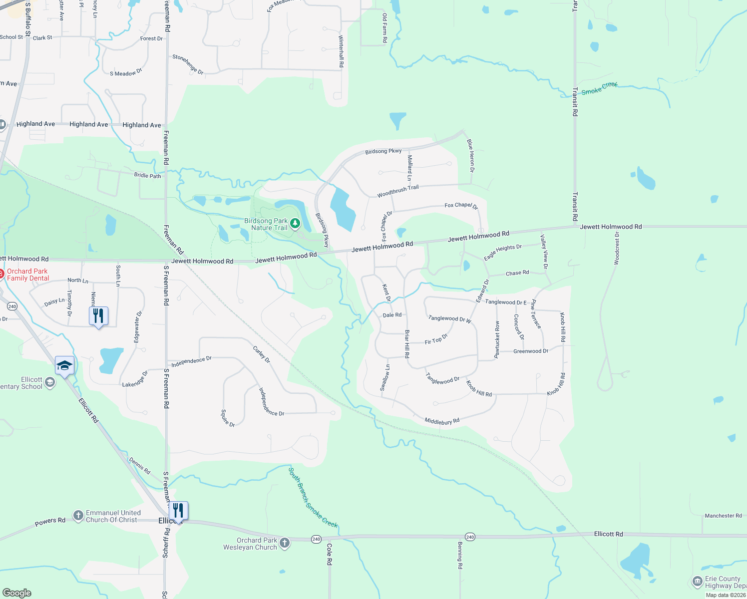 map of restaurants, bars, coffee shops, grocery stores, and more near 16 Timberlake Drive in Orchard Park