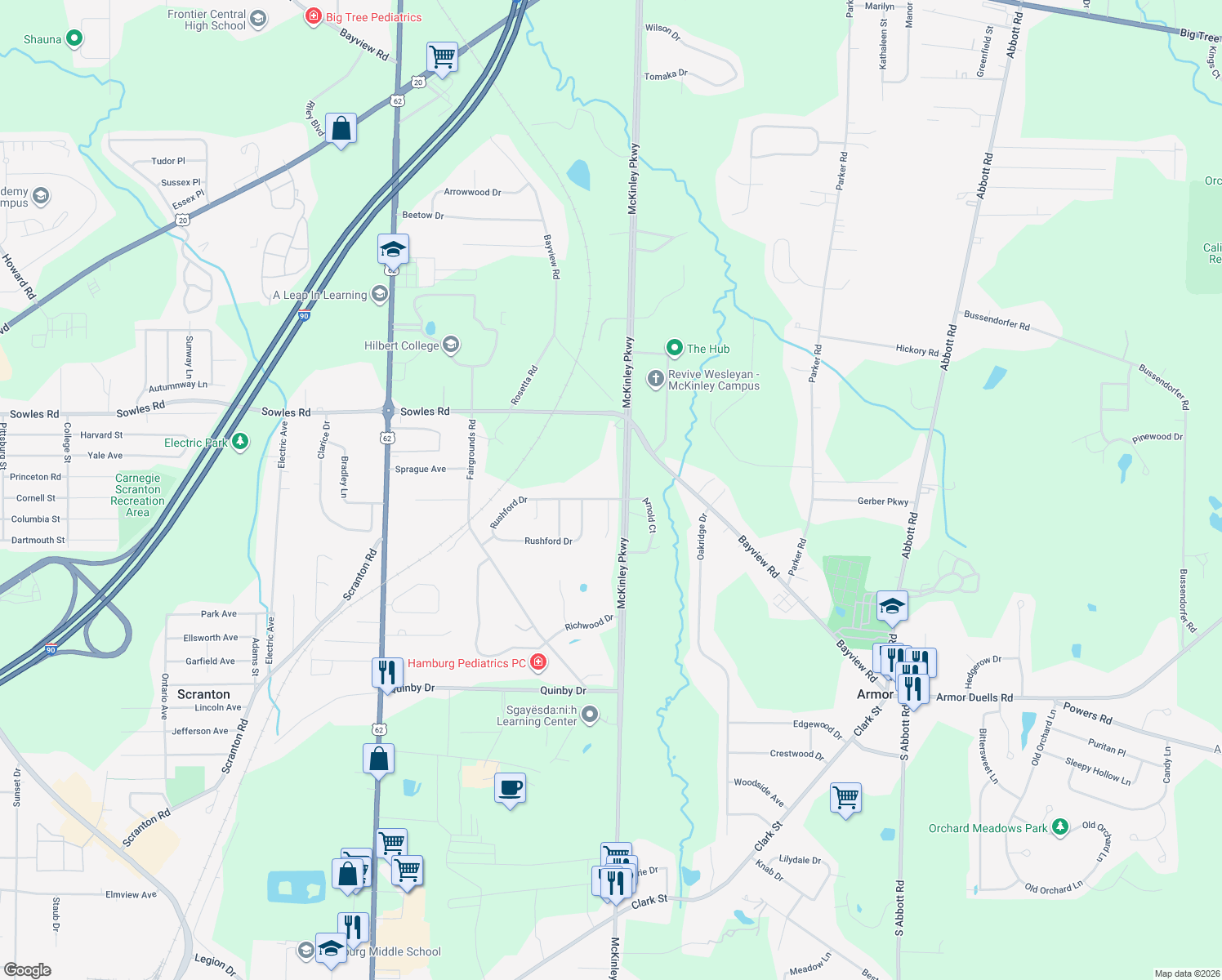 map of restaurants, bars, coffee shops, grocery stores, and more near 4482 Rushford Dr in Hamburg