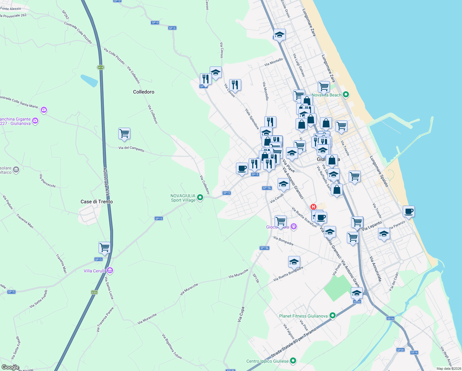 map of restaurants, bars, coffee shops, grocery stores, and more near 5 Via Pintor in Giulianova