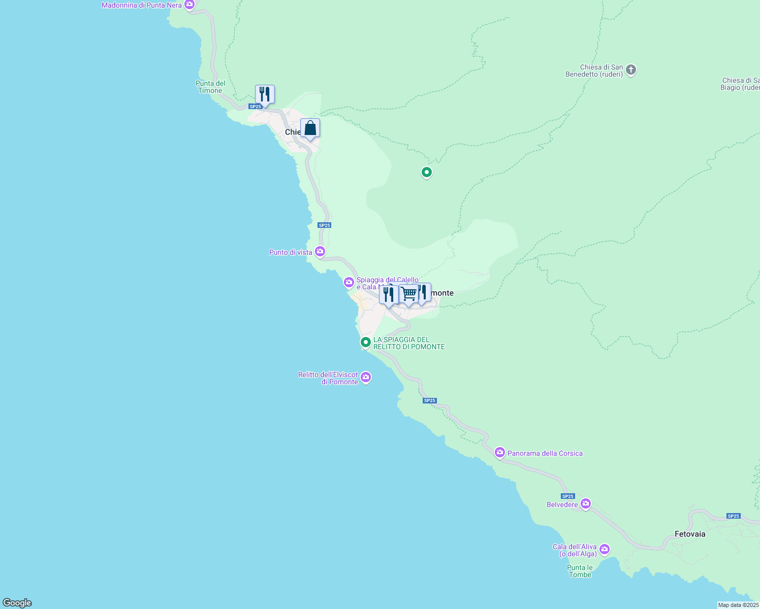 map of restaurants, bars, coffee shops, grocery stores, and more near 11 Via degli Oleandri in Pomonte