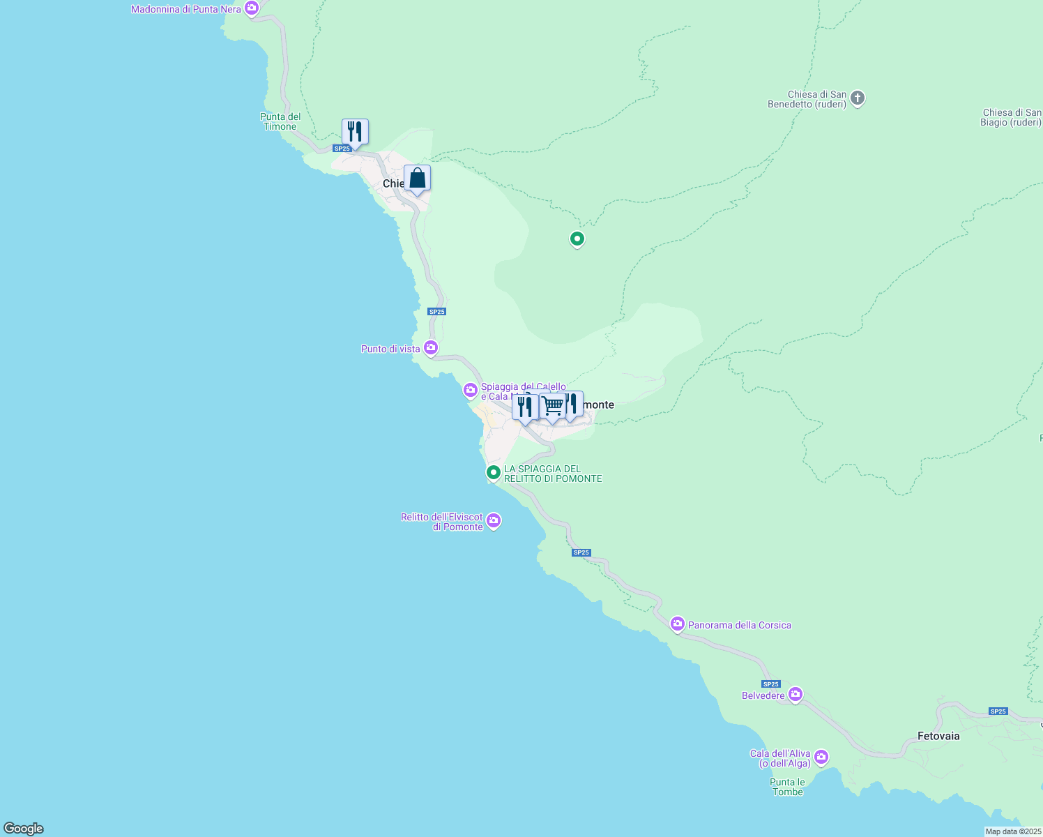 map of restaurants, bars, coffee shops, grocery stores, and more near 11 Via degli Oleandri in Pomonte