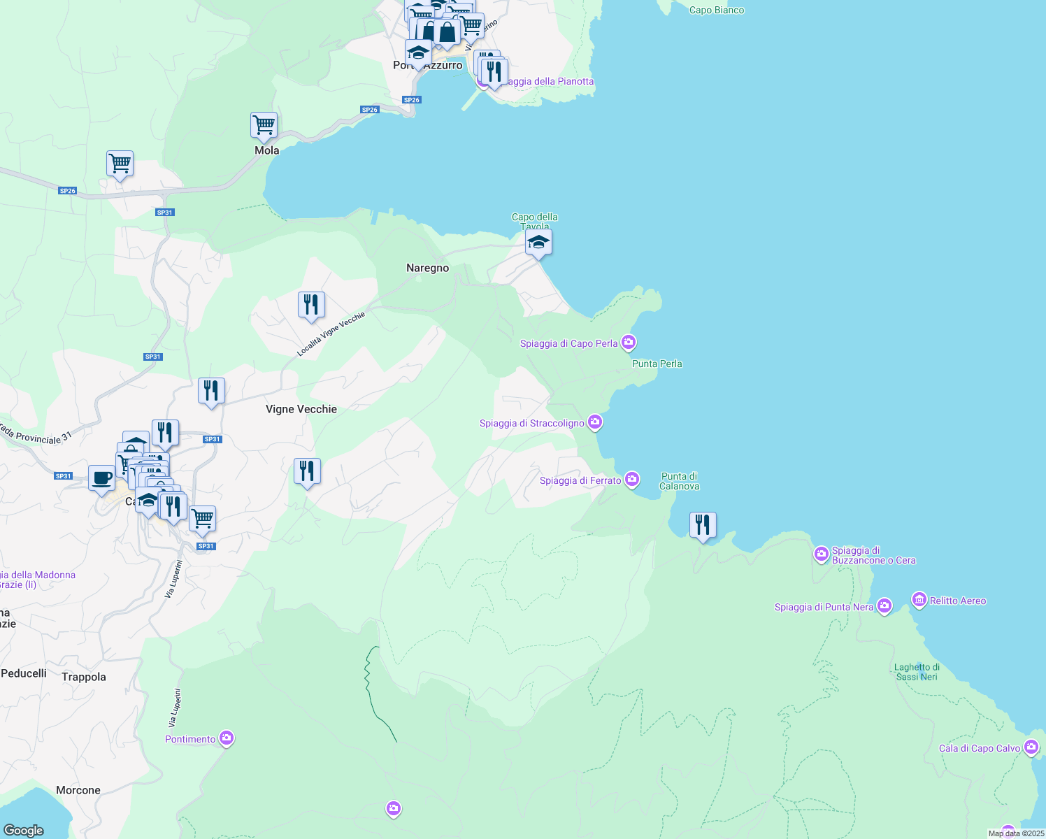 map of restaurants, bars, coffee shops, grocery stores, and more near 8 Via Capo Perla in Provincia di Livorno