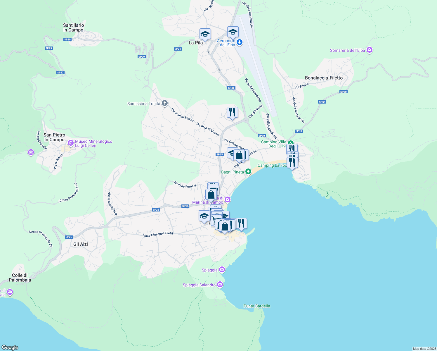 map of restaurants, bars, coffee shops, grocery stores, and more near 265 Via per Portoferraio in Marina di Campo