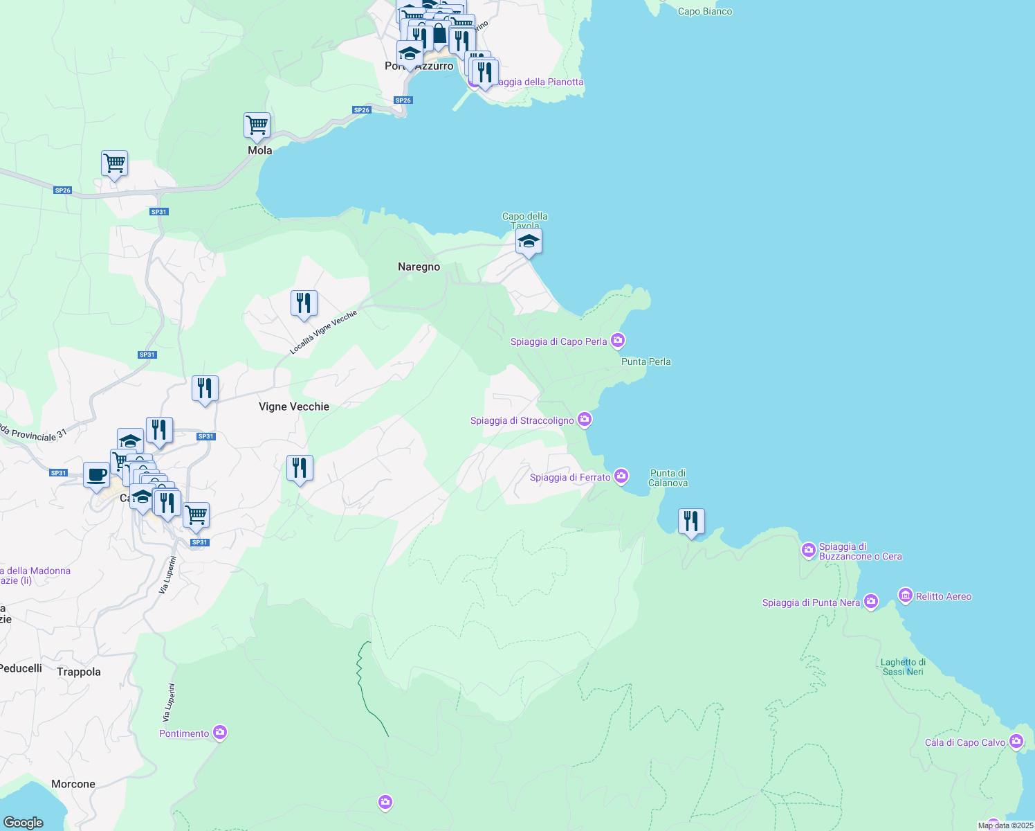 map of restaurants, bars, coffee shops, grocery stores, and more near 8 Via Capo Perla in Provincia di Livorno