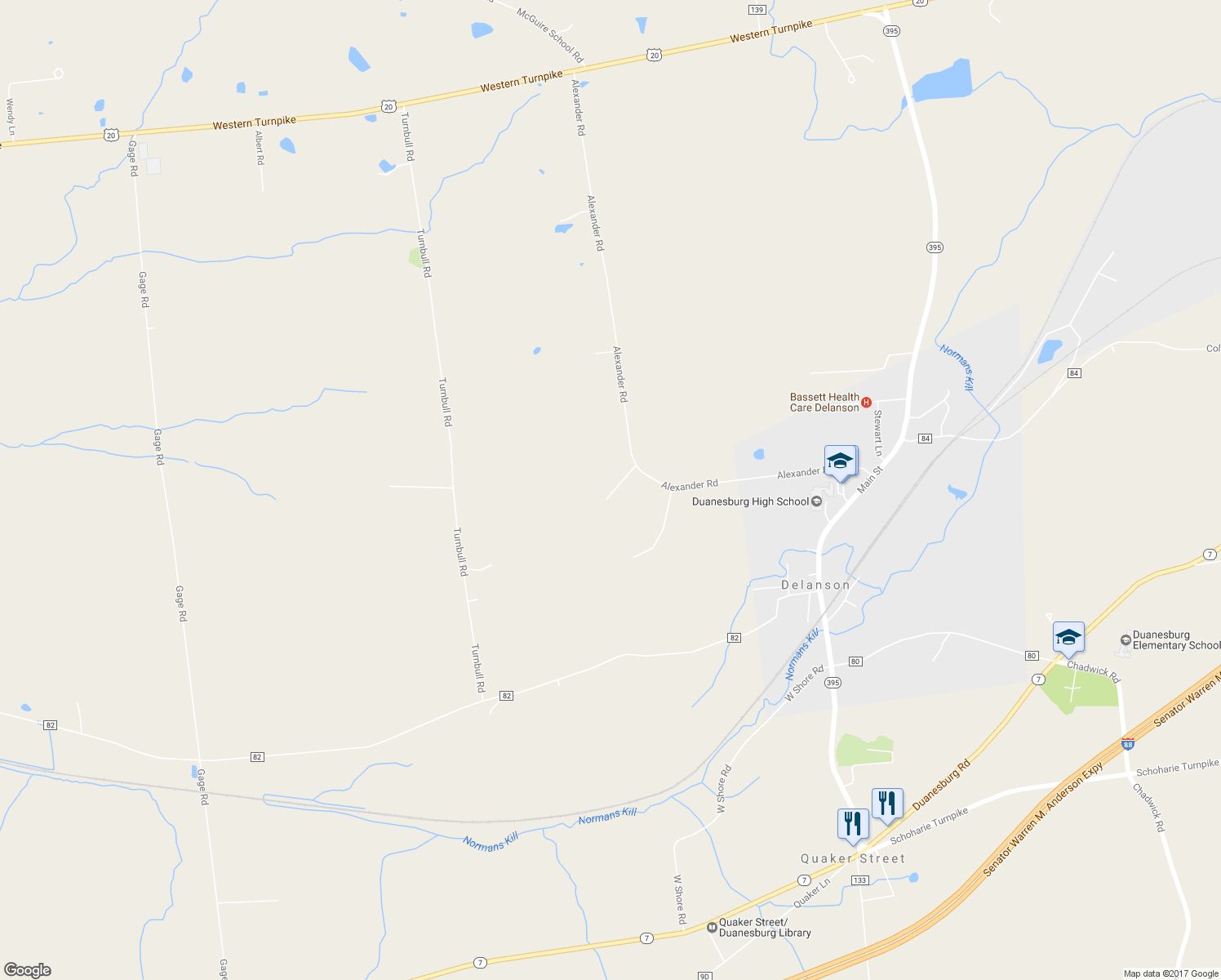 map of restaurants, bars, coffee shops, grocery stores, and more near 1180 Alexander Road in Delanson