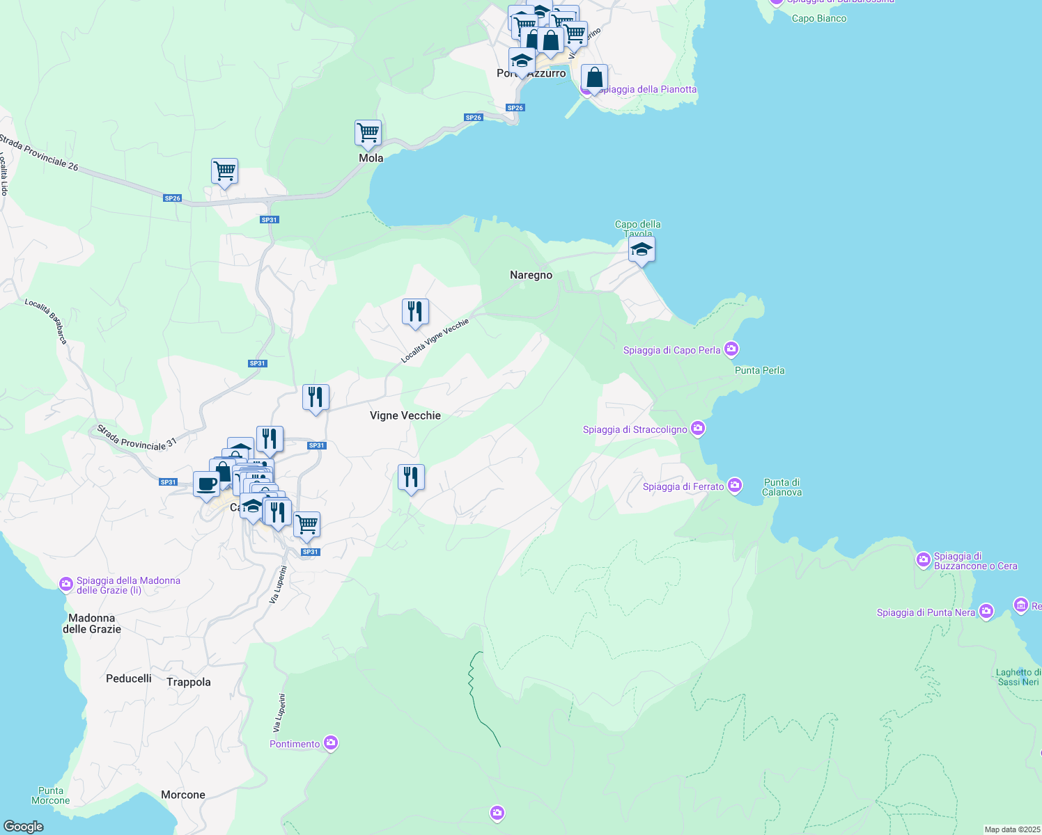 map of restaurants, bars, coffee shops, grocery stores, and more near Località Ripitino in Provincia di Livorno
