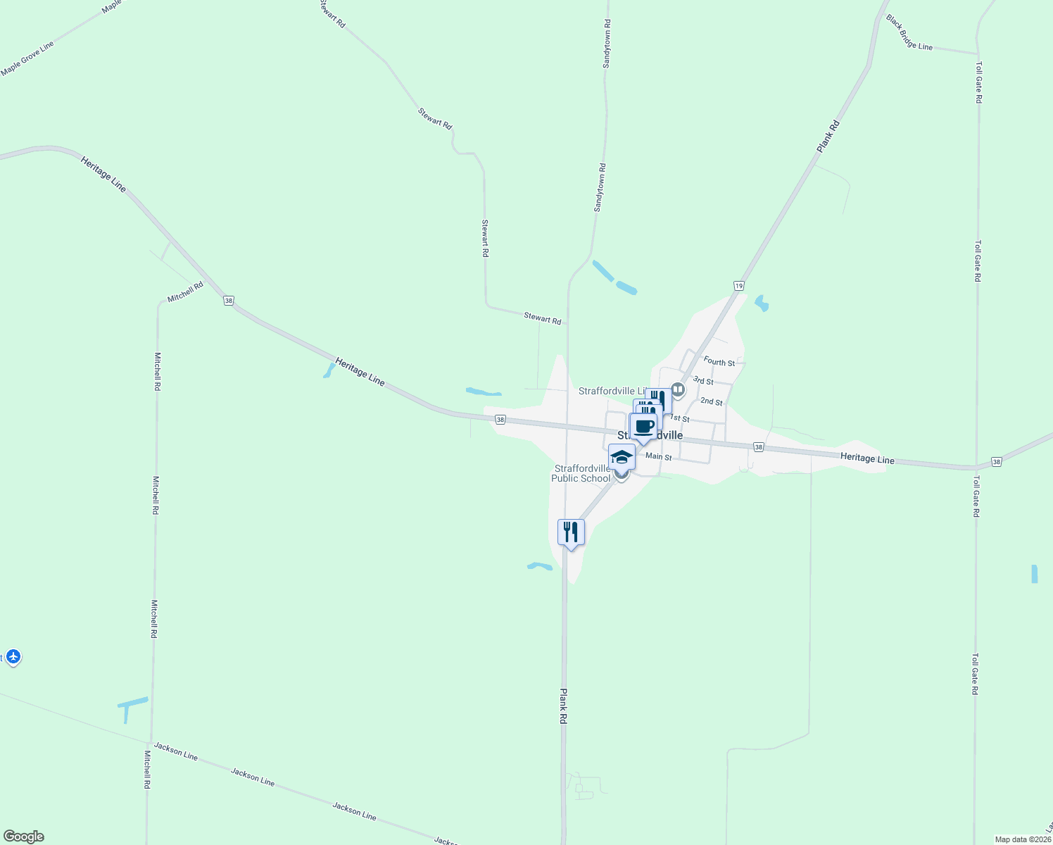 map of restaurants, bars, coffee shops, grocery stores, and more near 56084 Heritage Line in Straffordville