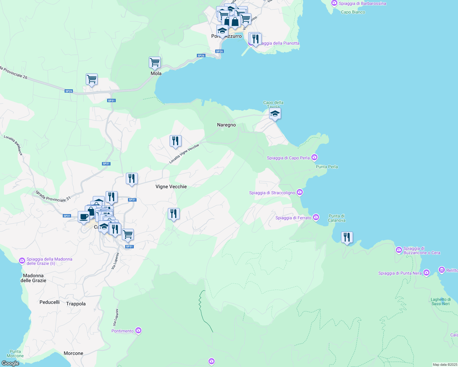 map of restaurants, bars, coffee shops, grocery stores, and more near Località Ripitino in Provincia di Livorno