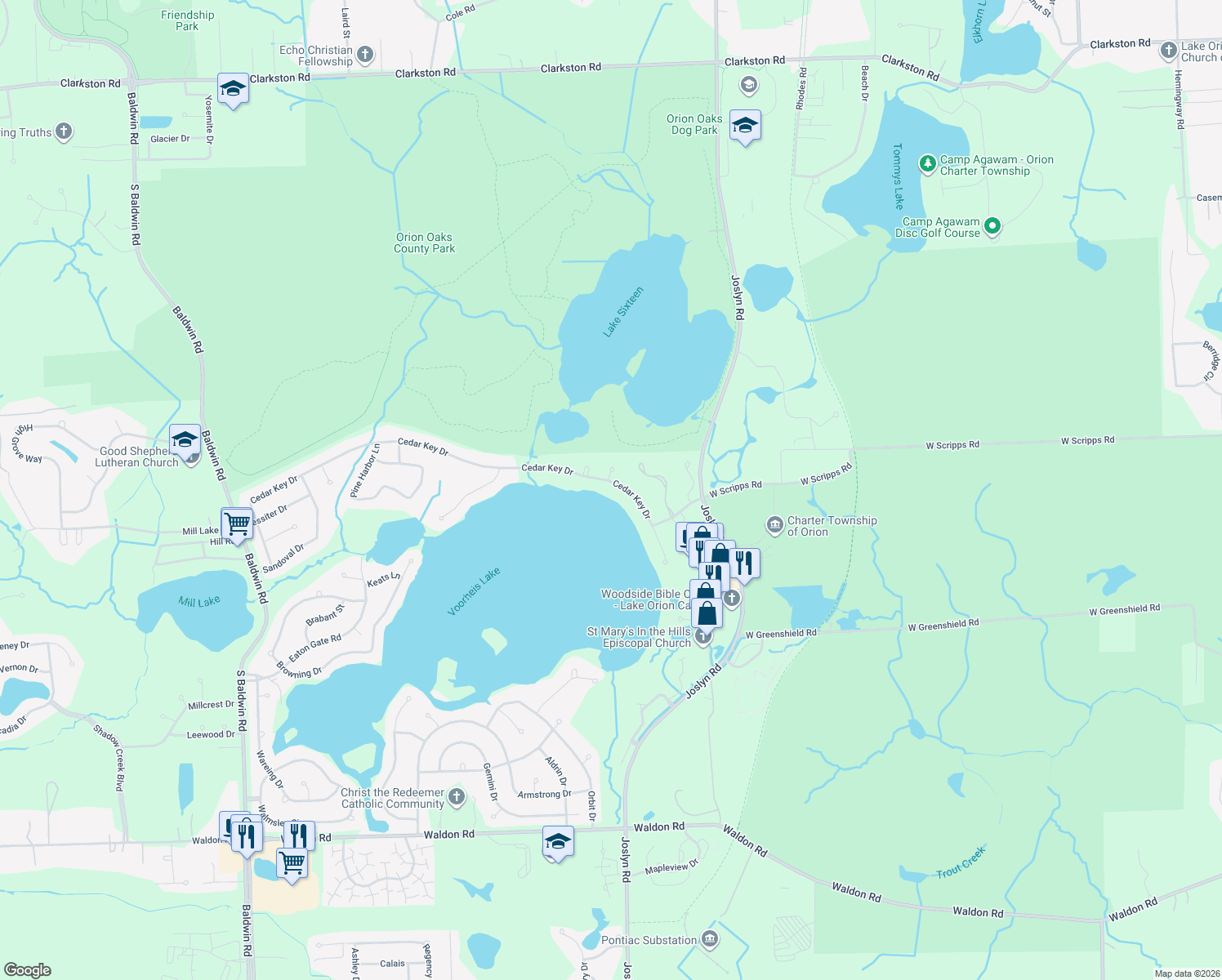 map of restaurants, bars, coffee shops, grocery stores, and more near 2457 Cedar Key Dr in Lake Orion
