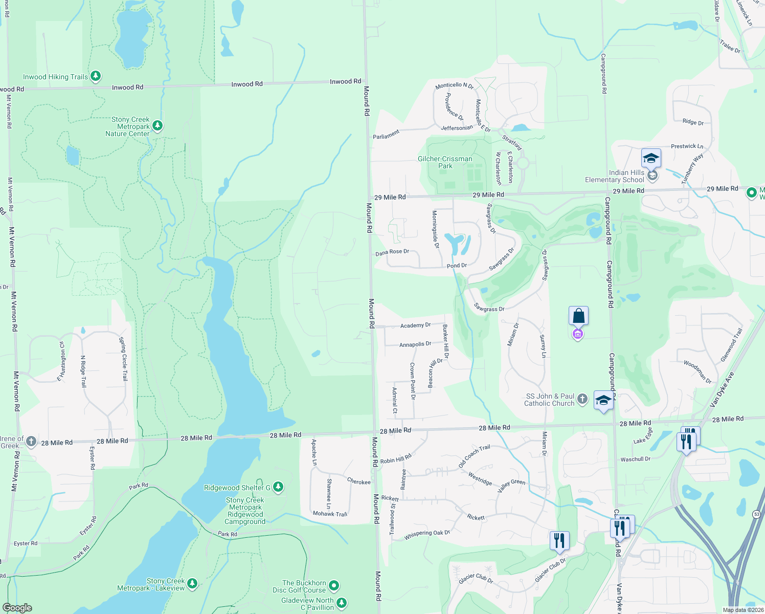 map of restaurants, bars, coffee shops, grocery stores, and more near 62070 Mound Rd in Washington