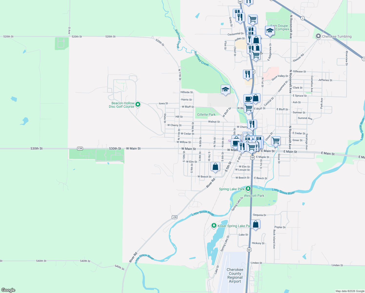 map of restaurants, bars, coffee shops, grocery stores, and more near 1002 W Main St in Cherokee