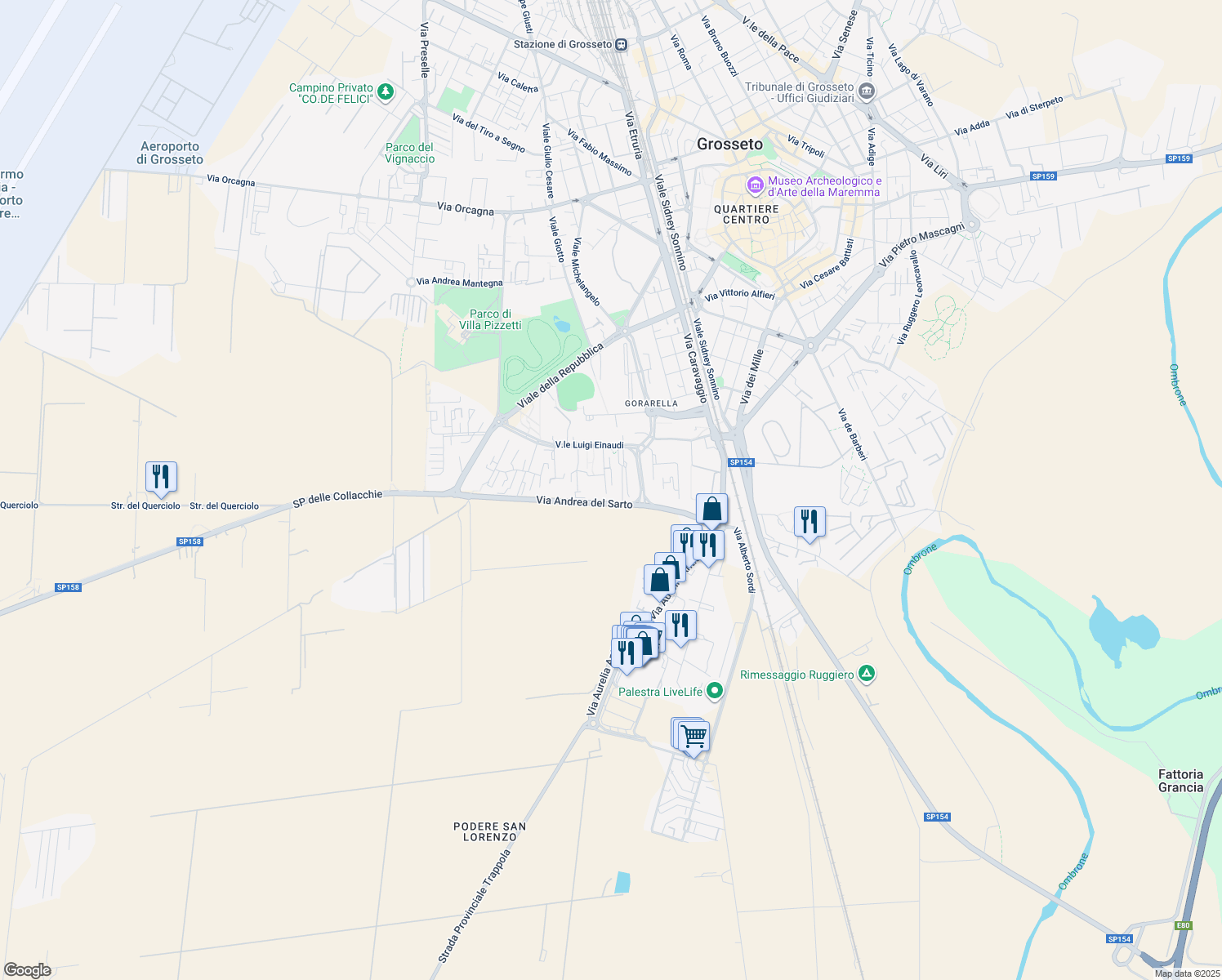 map of restaurants, bars, coffee shops, grocery stores, and more near 17 Via Giuseppe Toniolo in Grosseto