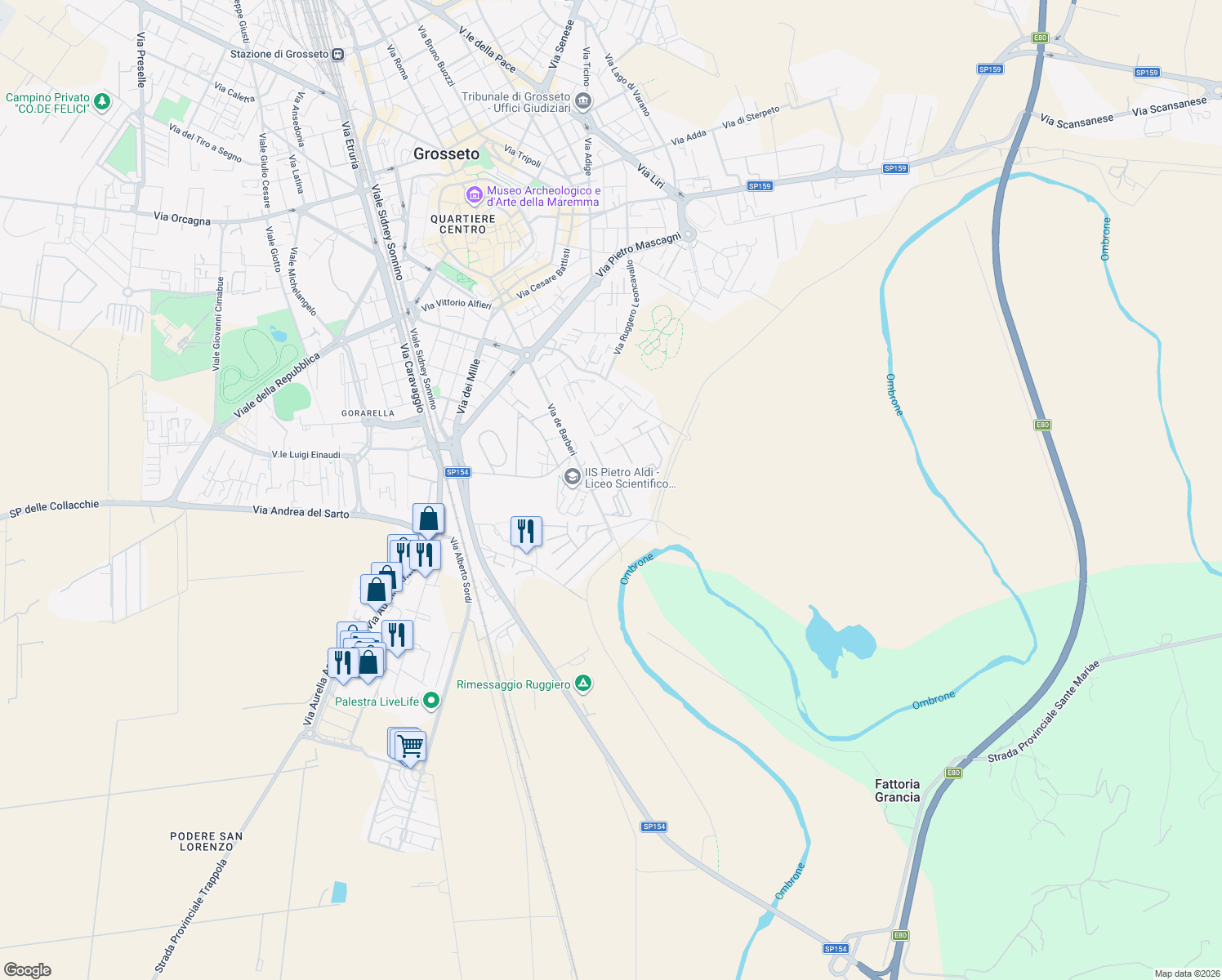map of restaurants, bars, coffee shops, grocery stores, and more near 106 Via de Barberi in Grosseto