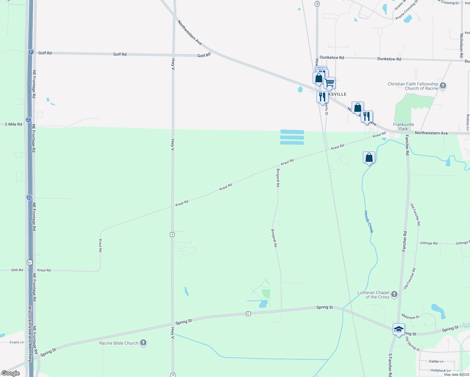 map of restaurants, bars, coffee shops, grocery stores, and more near 11515 Kraut Road in Franksville