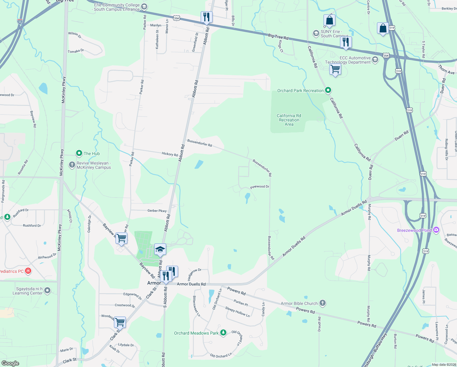 map of restaurants, bars, coffee shops, grocery stores, and more near 6 Willowbrook Drive in Orchard Park