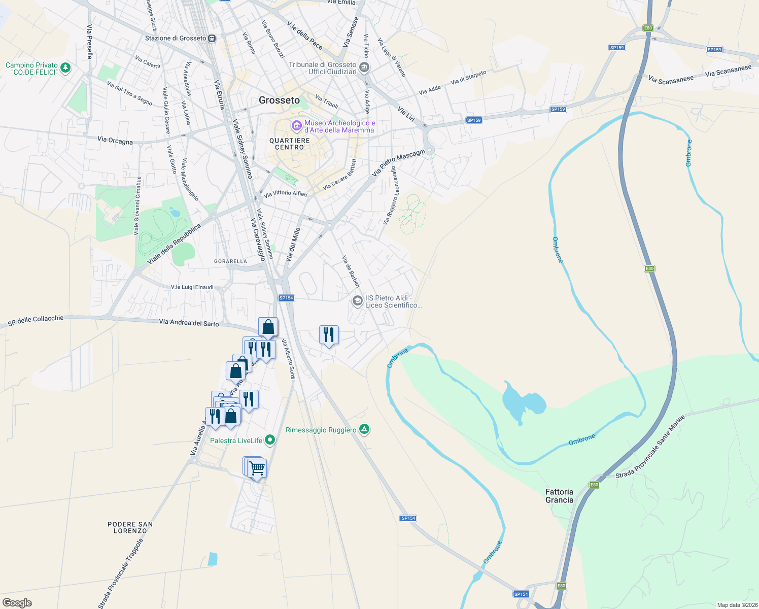 map of restaurants, bars, coffee shops, grocery stores, and more near 106 Via de Barberi in Grosseto