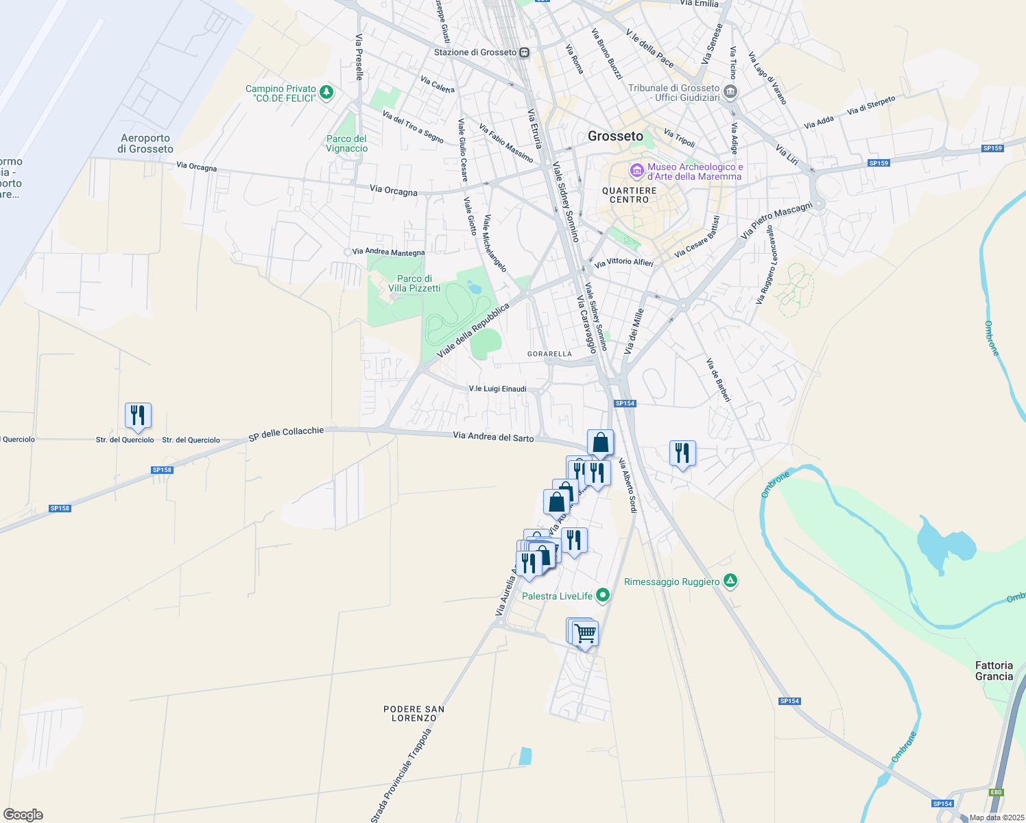 map of restaurants, bars, coffee shops, grocery stores, and more near 17 Via Giuseppe Toniolo in Grosseto