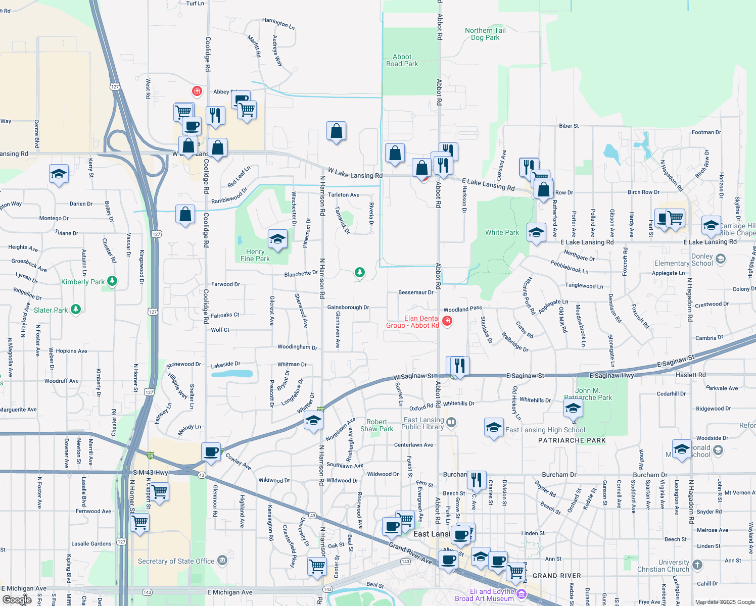 map of restaurants, bars, coffee shops, grocery stores, and more near 410 Gainsborough Dr in East Lansing