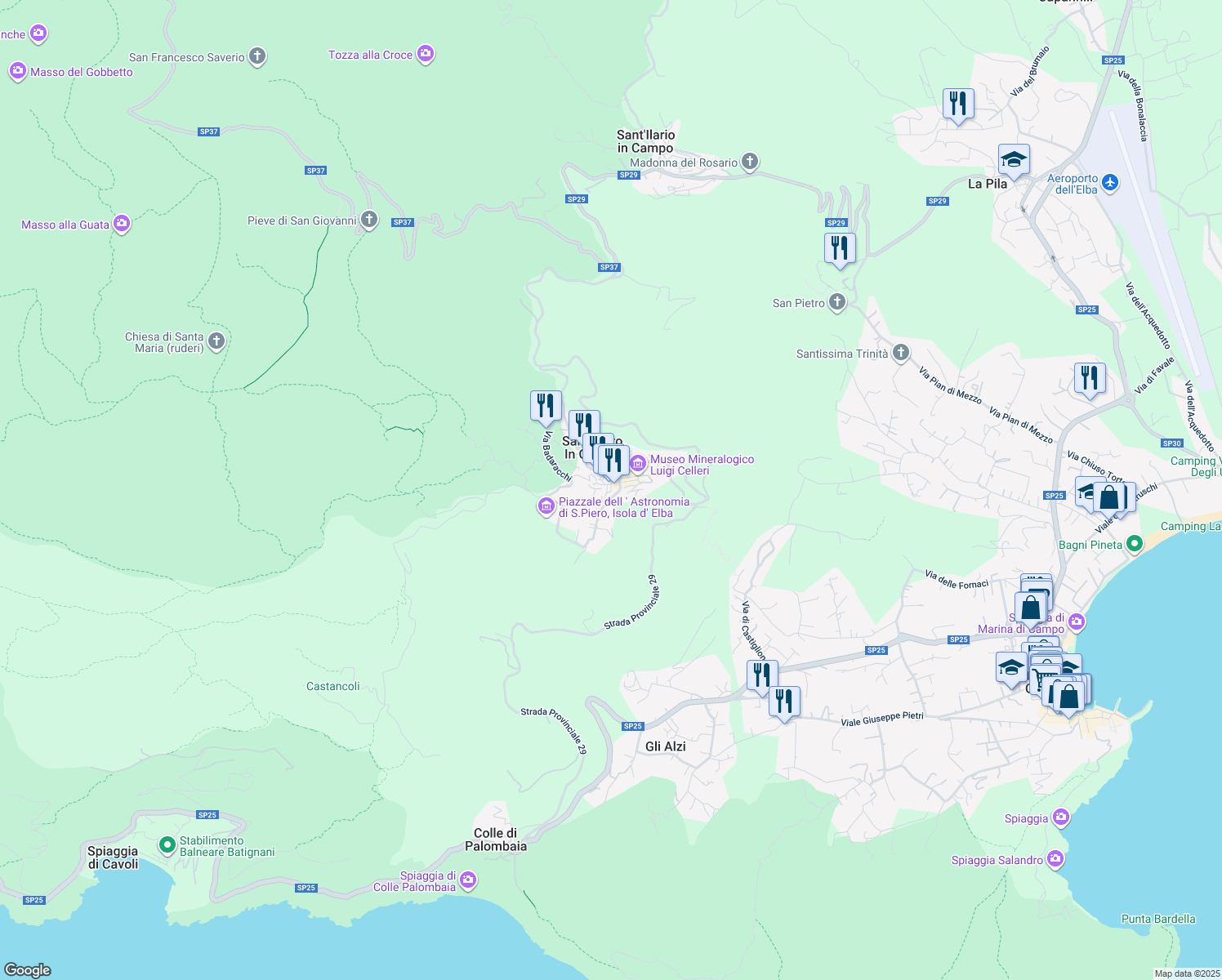 map of restaurants, bars, coffee shops, grocery stores, and more near 76 Via del Brunello in Provincia di Livorno