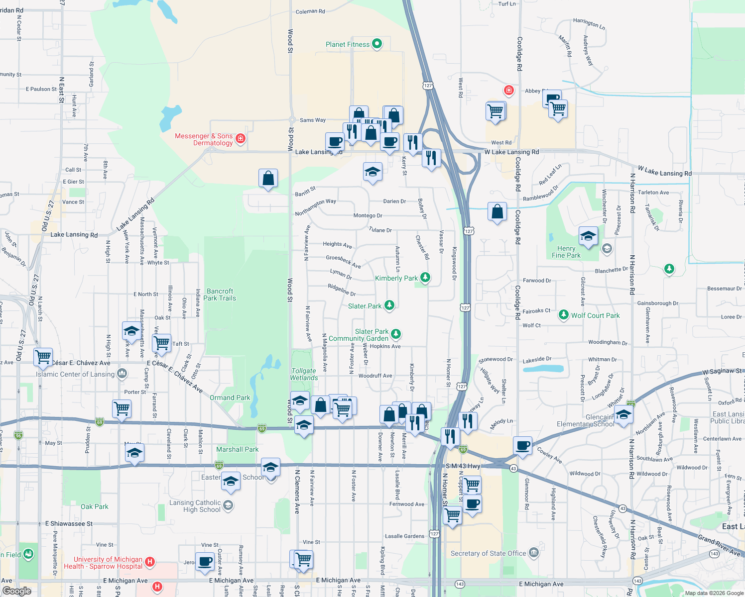 map of restaurants, bars, coffee shops, grocery stores, and more near 1619 Gay Lane in Lansing
