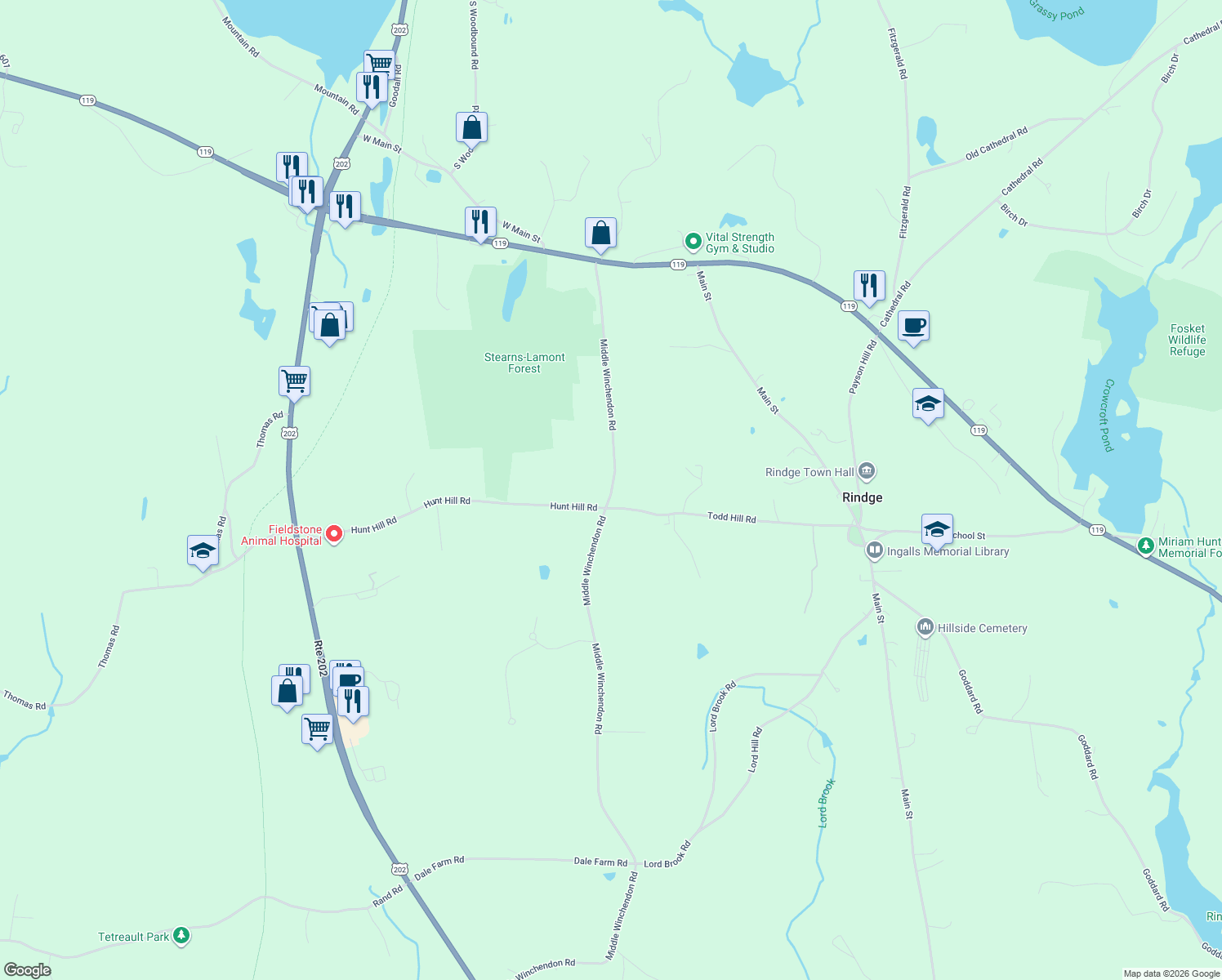 map of restaurants, bars, coffee shops, grocery stores, and more near 132 Middle Winchendon Road in Rindge