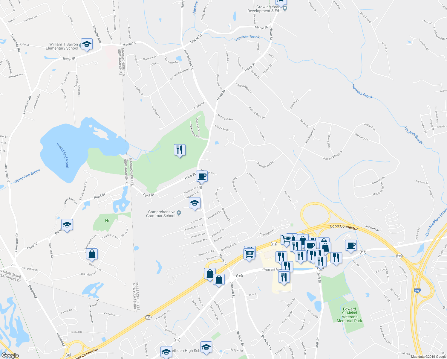 map of restaurants, bars, coffee shops, grocery stores, and more near 10 Tree Top Way in Methuen
