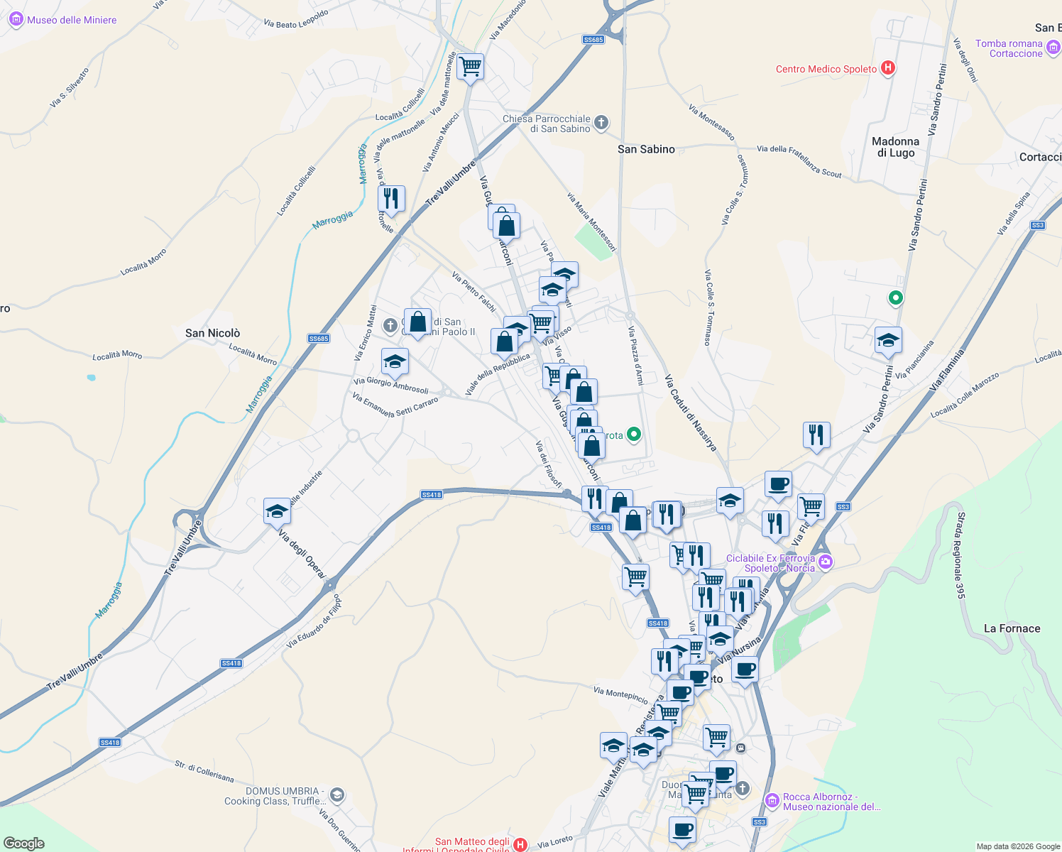 map of restaurants, bars, coffee shops, grocery stores, and more near 32 Via dei Filosofi in Spoleto