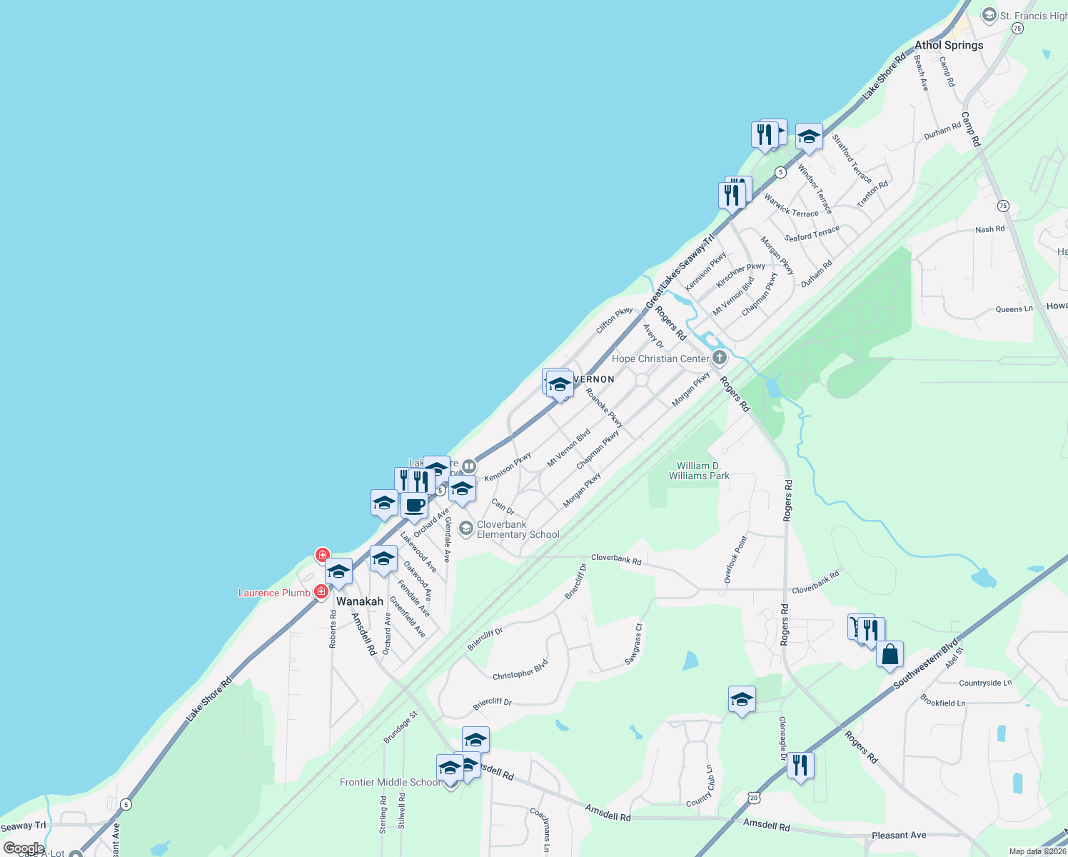 map of restaurants, bars, coffee shops, grocery stores, and more near 4771 Lake Shore Road in Hamburg