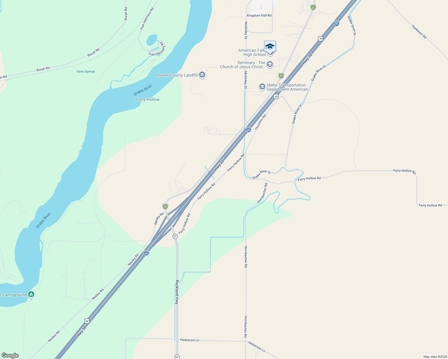map of restaurants, bars, coffee shops, grocery stores, and more near 2920 Ferry Hollow Road in American Falls
