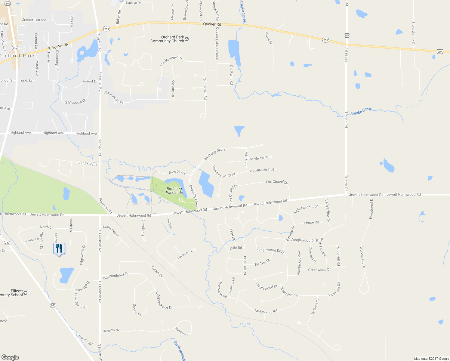 map of restaurants, bars, coffee shops, grocery stores, and more near 3 Kingfisher Court in Orchard Park