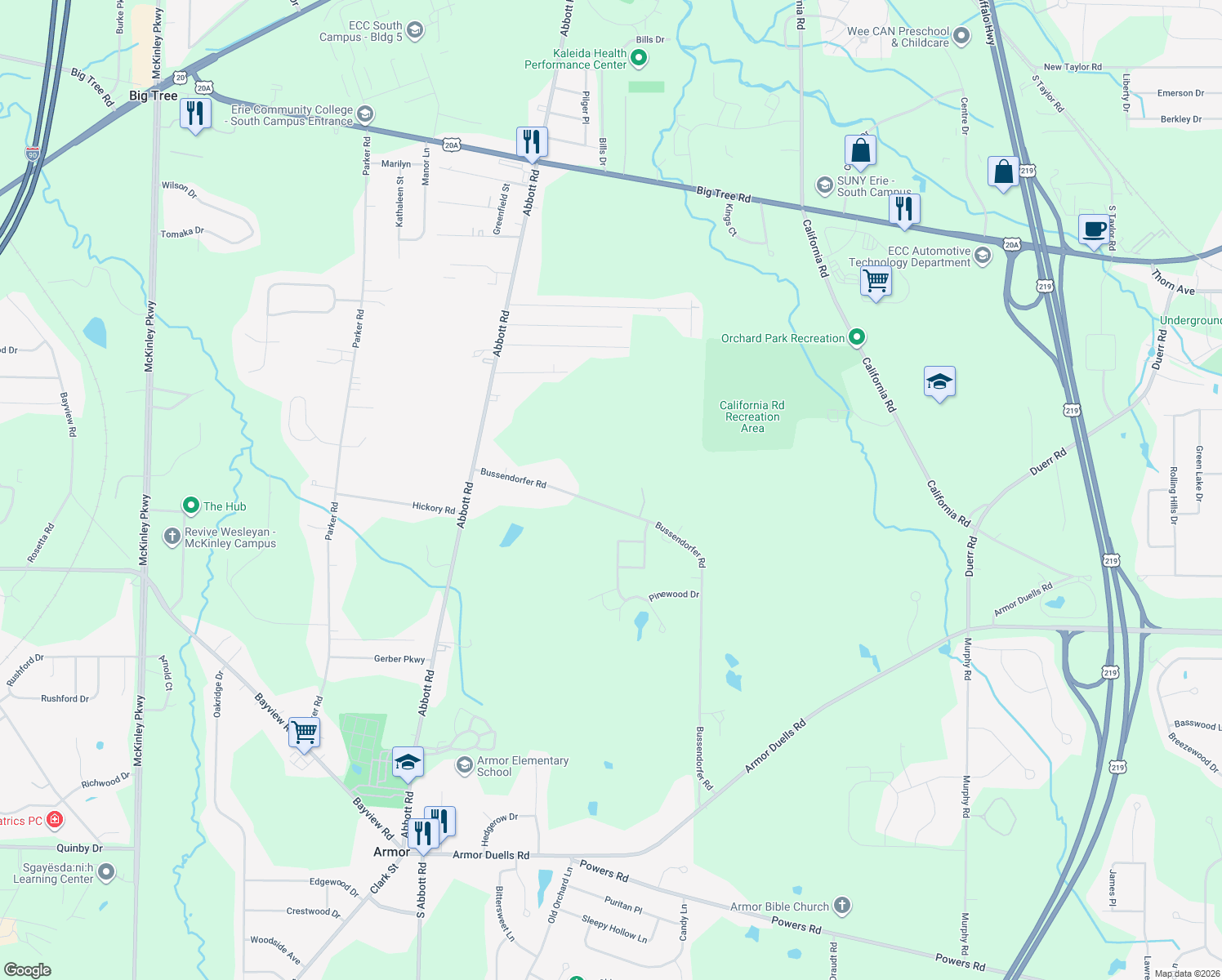 map of restaurants, bars, coffee shops, grocery stores, and more near 4820 Bussendorfer Rd in Orchard Park