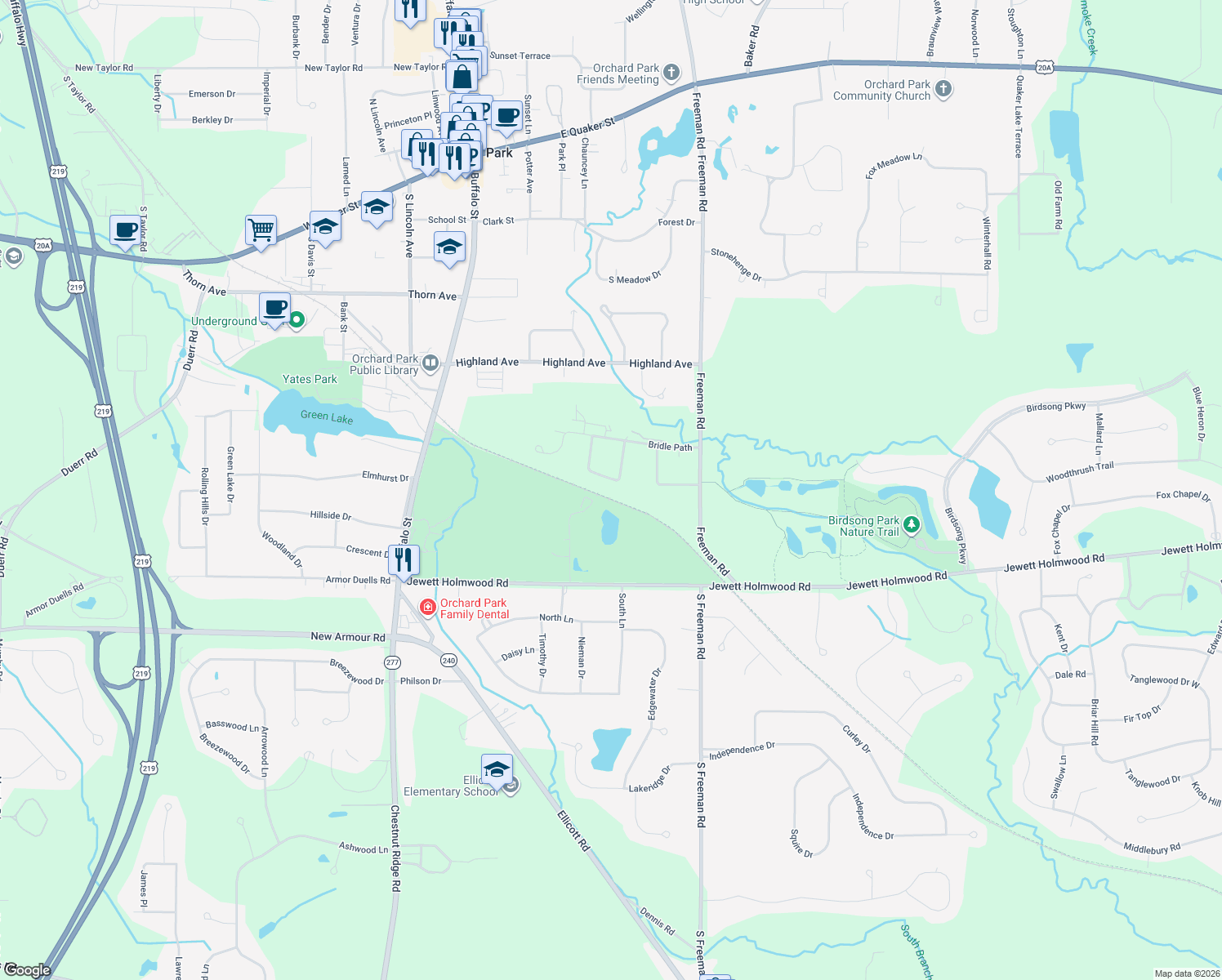 map of restaurants, bars, coffee shops, grocery stores, and more near 48 Midway Dr in Orchard Park