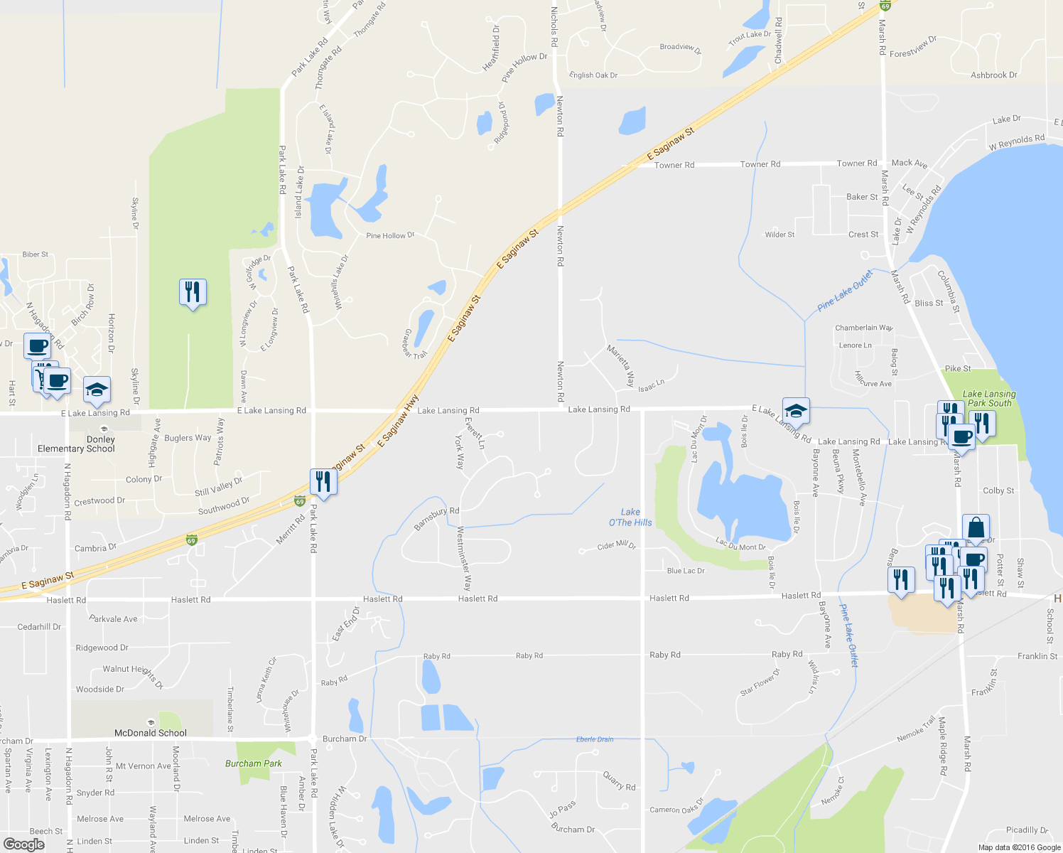 map of restaurants, bars, coffee shops, grocery stores, and more near 2289 East Lake Lansing Road in East Lansing