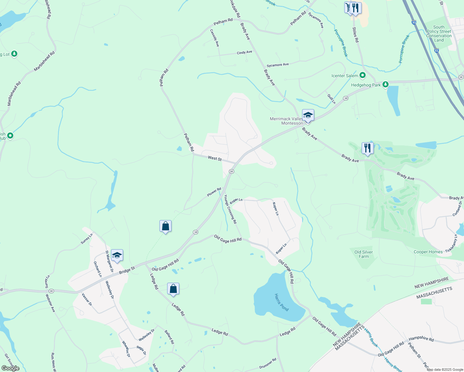map of restaurants, bars, coffee shops, grocery stores, and more near 1197 New Hampshire 38 in Pelham