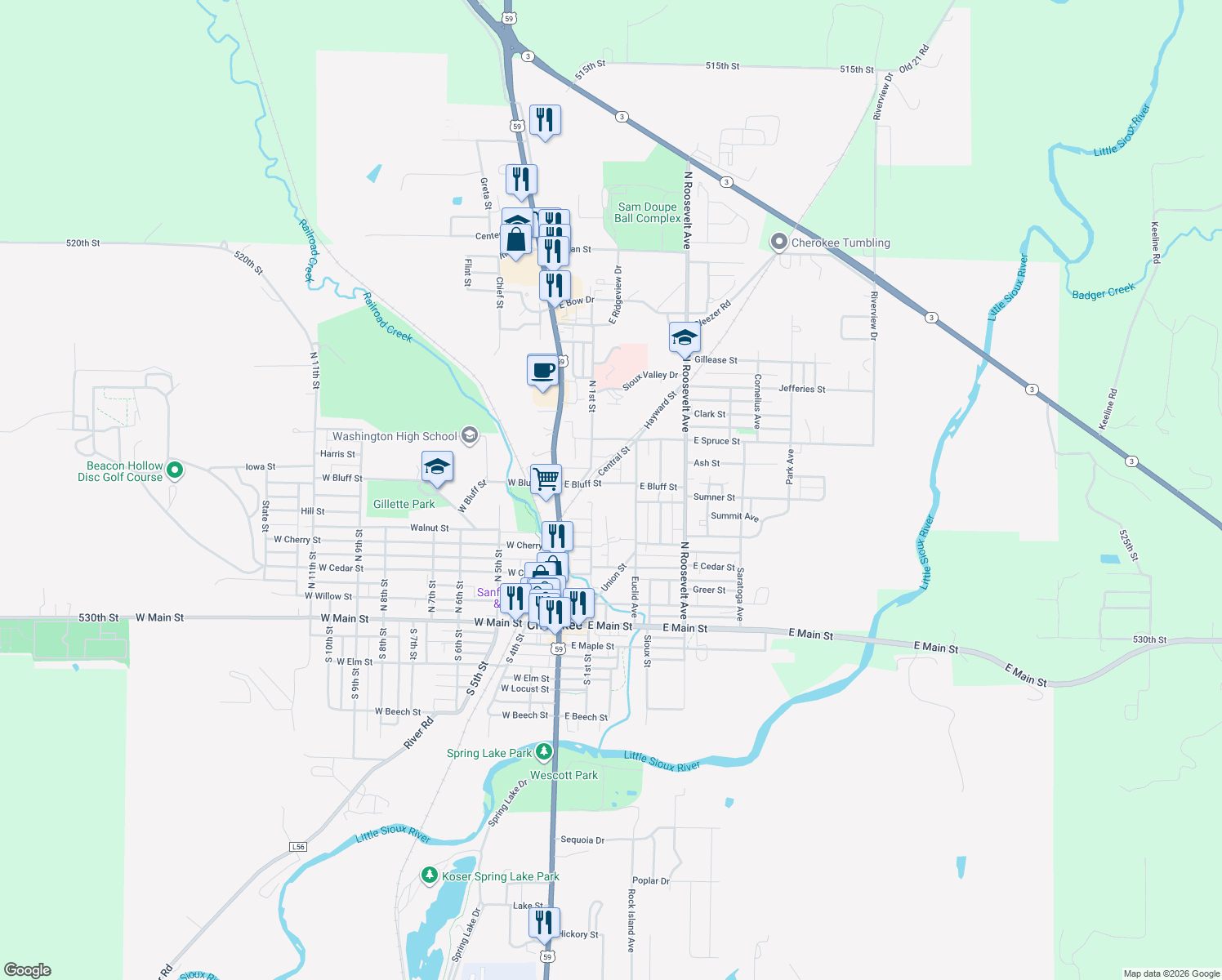 map of restaurants, bars, coffee shops, grocery stores, and more near 209 E Bluff St in Cherokee