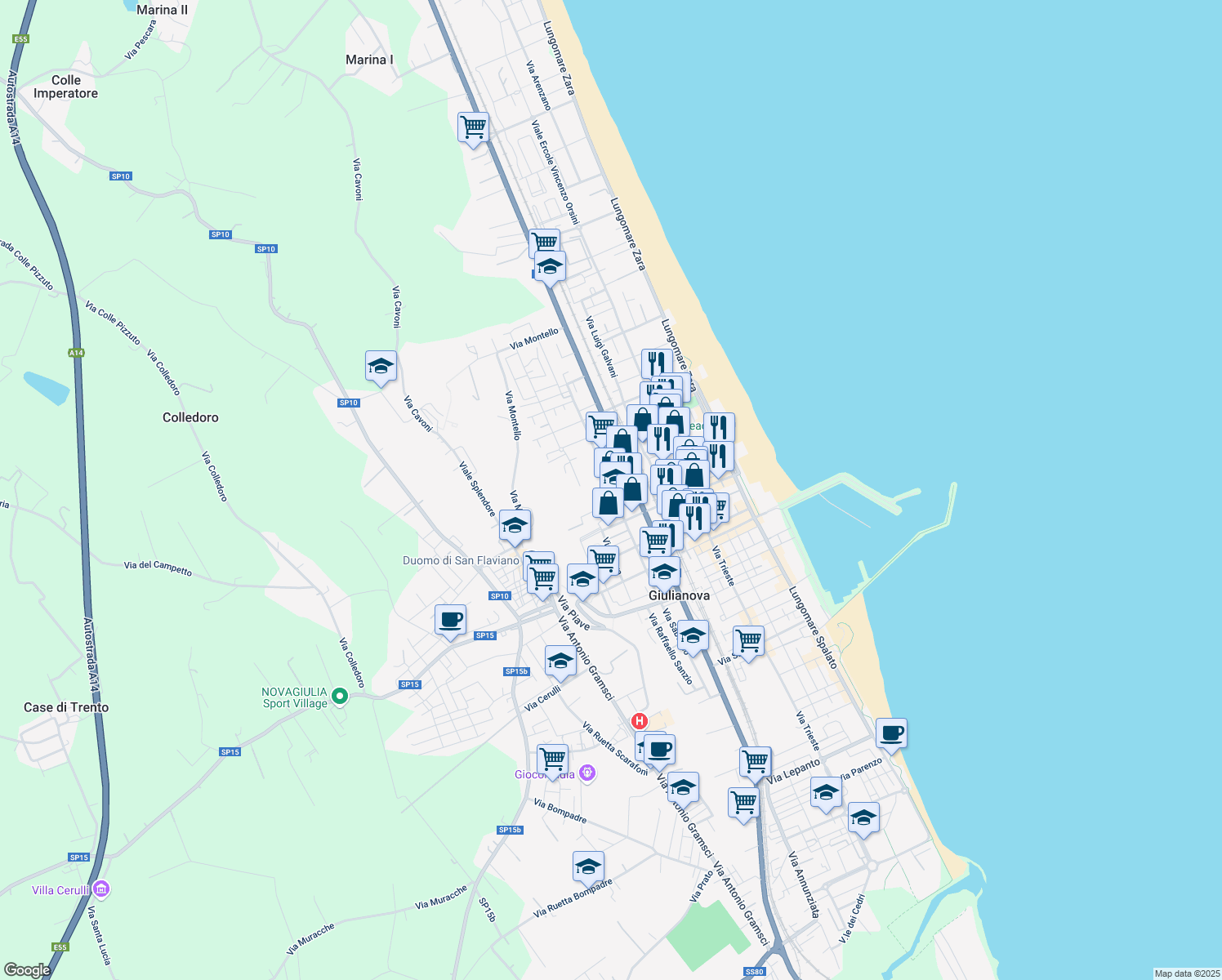 map of restaurants, bars, coffee shops, grocery stores, and more near 36 Via I. Nievo in Giulianova