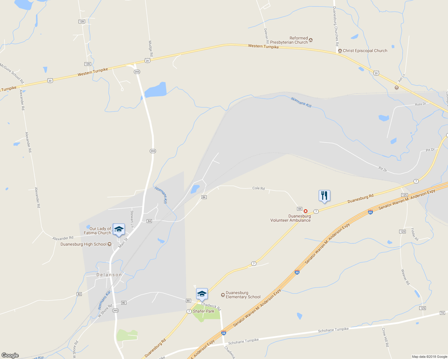 map of restaurants, bars, coffee shops, grocery stores, and more near 726 Cole Road in Delanson