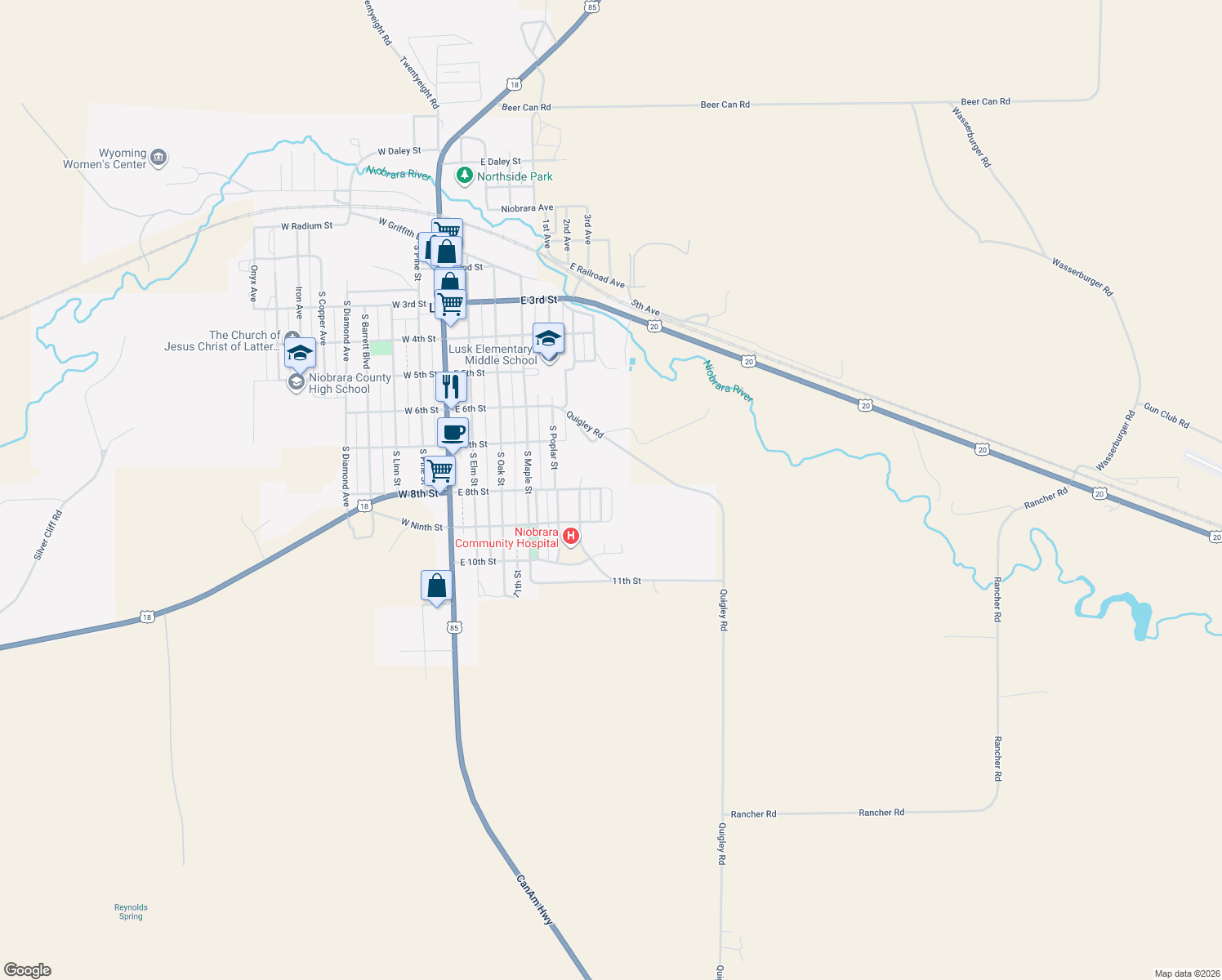 map of restaurants, bars, coffee shops, grocery stores, and more near Niobrara Ave in Lusk