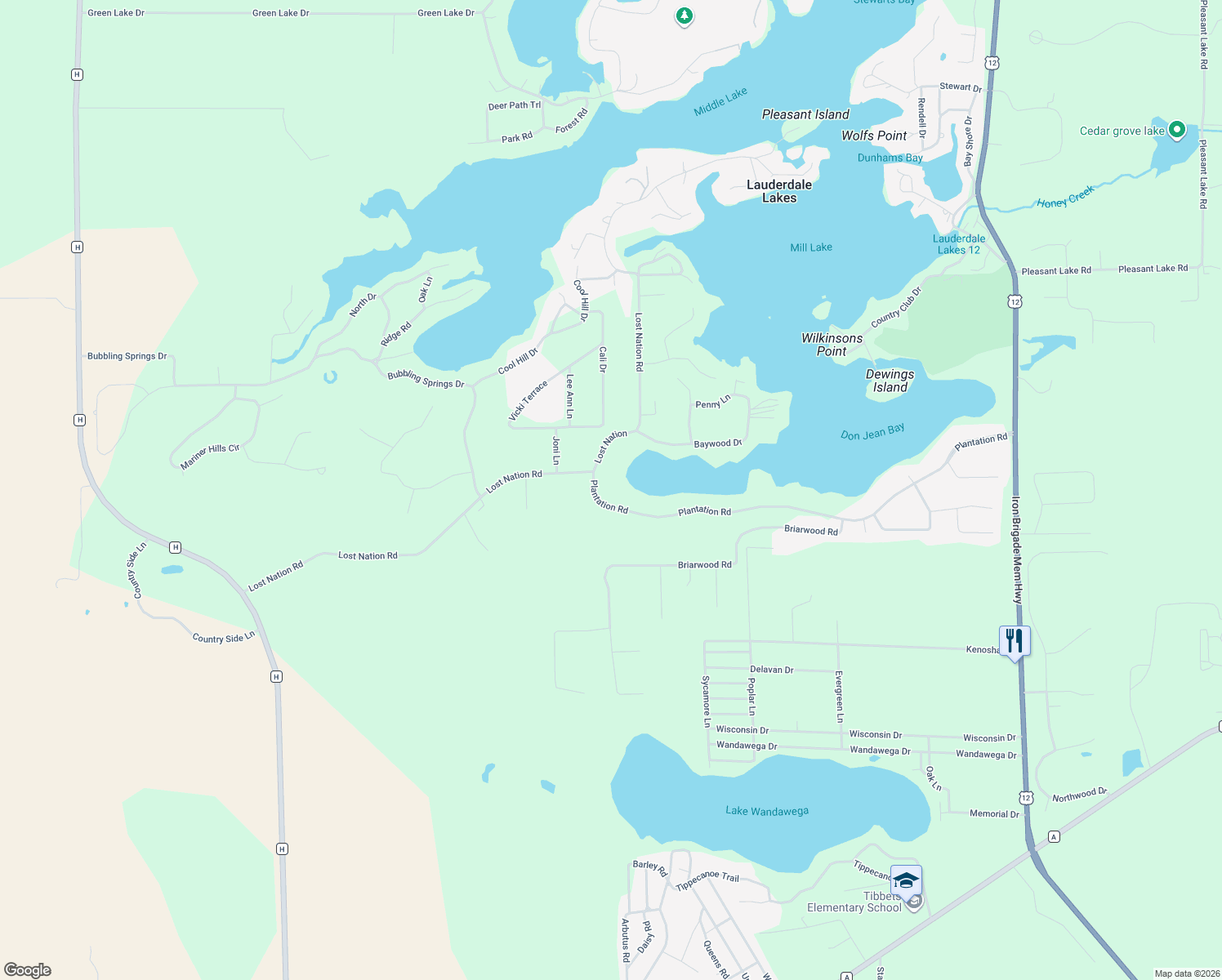 map of restaurants, bars, coffee shops, grocery stores, and more near W5576 Plantation Road in Elkhorn